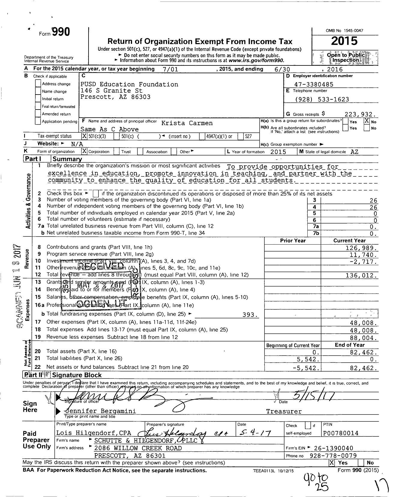Image of first page of 2015 Form 990 for Prescott Unified School District Education Foundation