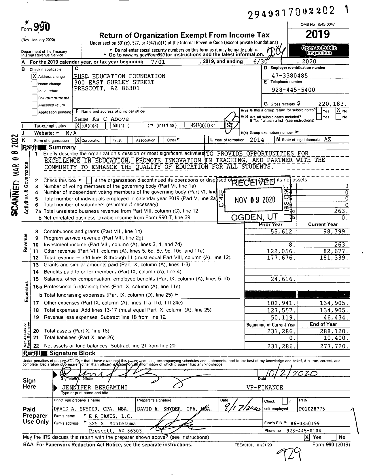 Image of first page of 2019 Form 990 for Prescott Unified School District Education Foundation