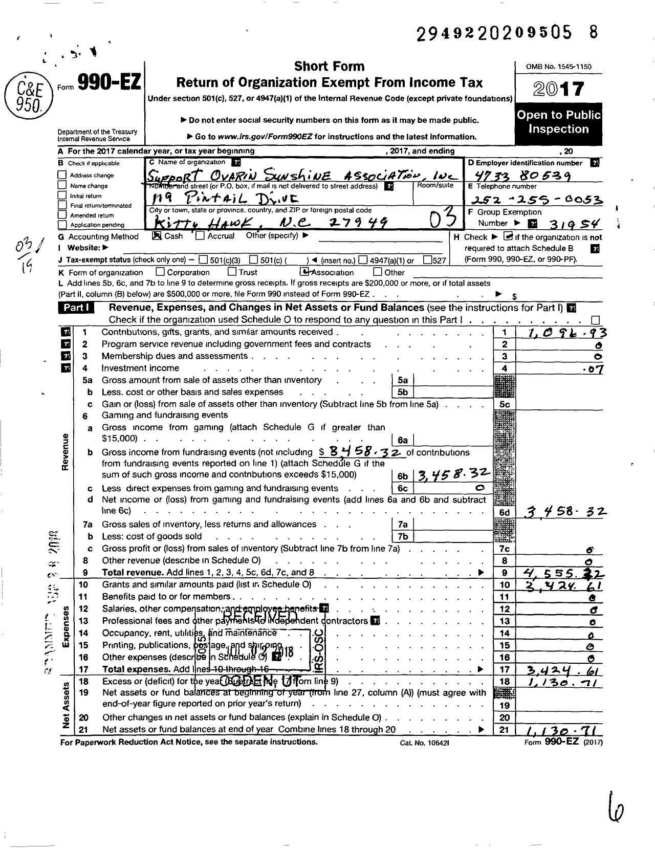 Image of first page of 2017 Form 990EZ for Support Ovarian Sunshine Association