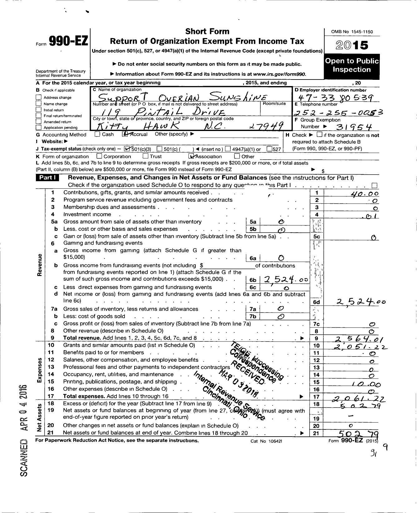 Image of first page of 2015 Form 990EZ for Support Ovarian Sunshine Association