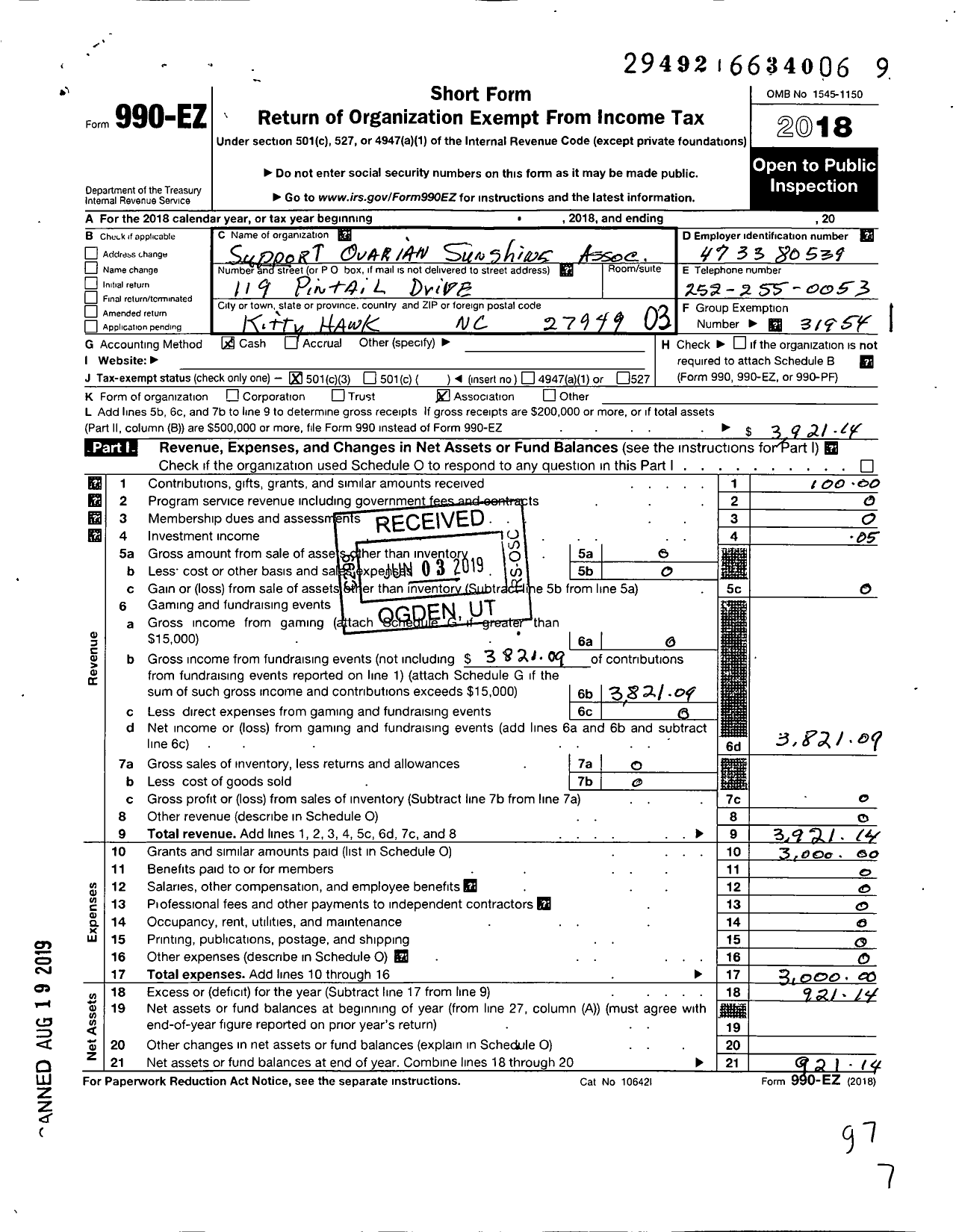 Image of first page of 2018 Form 990EZ for Support Ovarian Sunshine Association