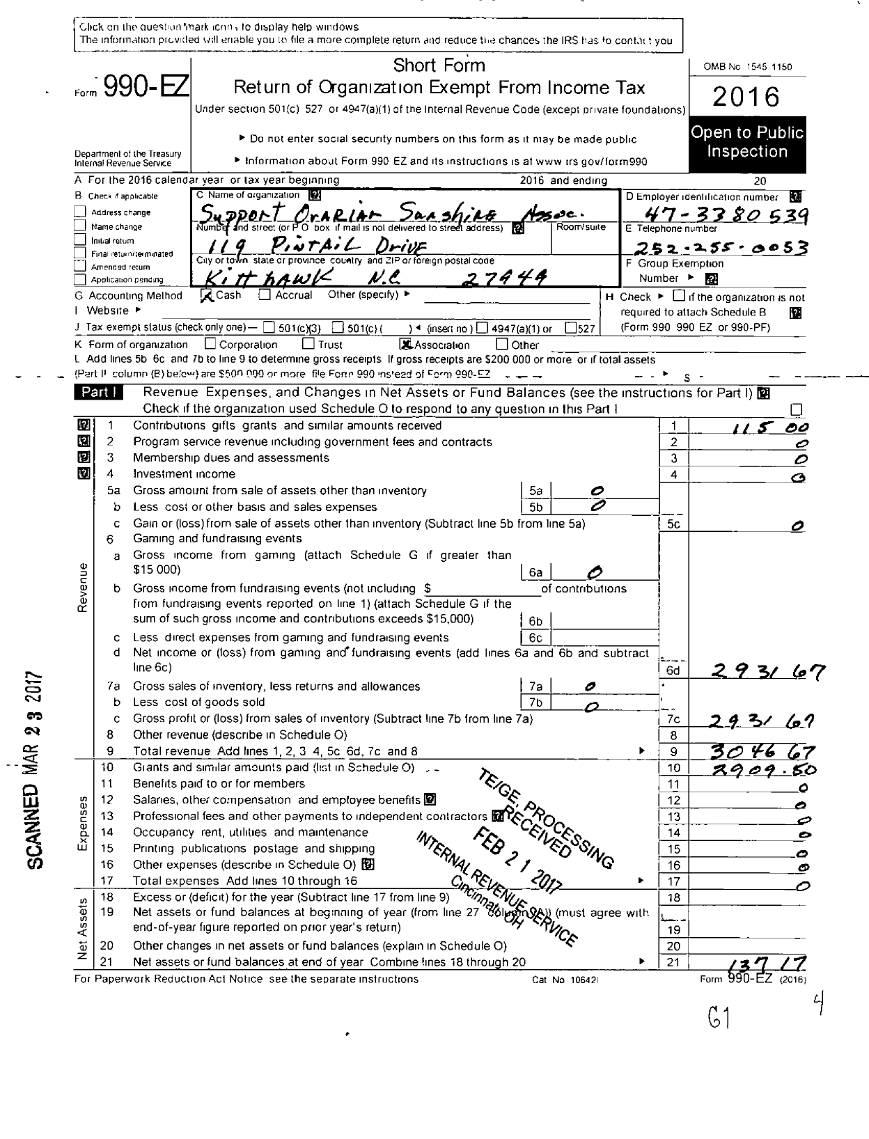 Image of first page of 2016 Form 990EO for Support Ovarian Sunshine Association