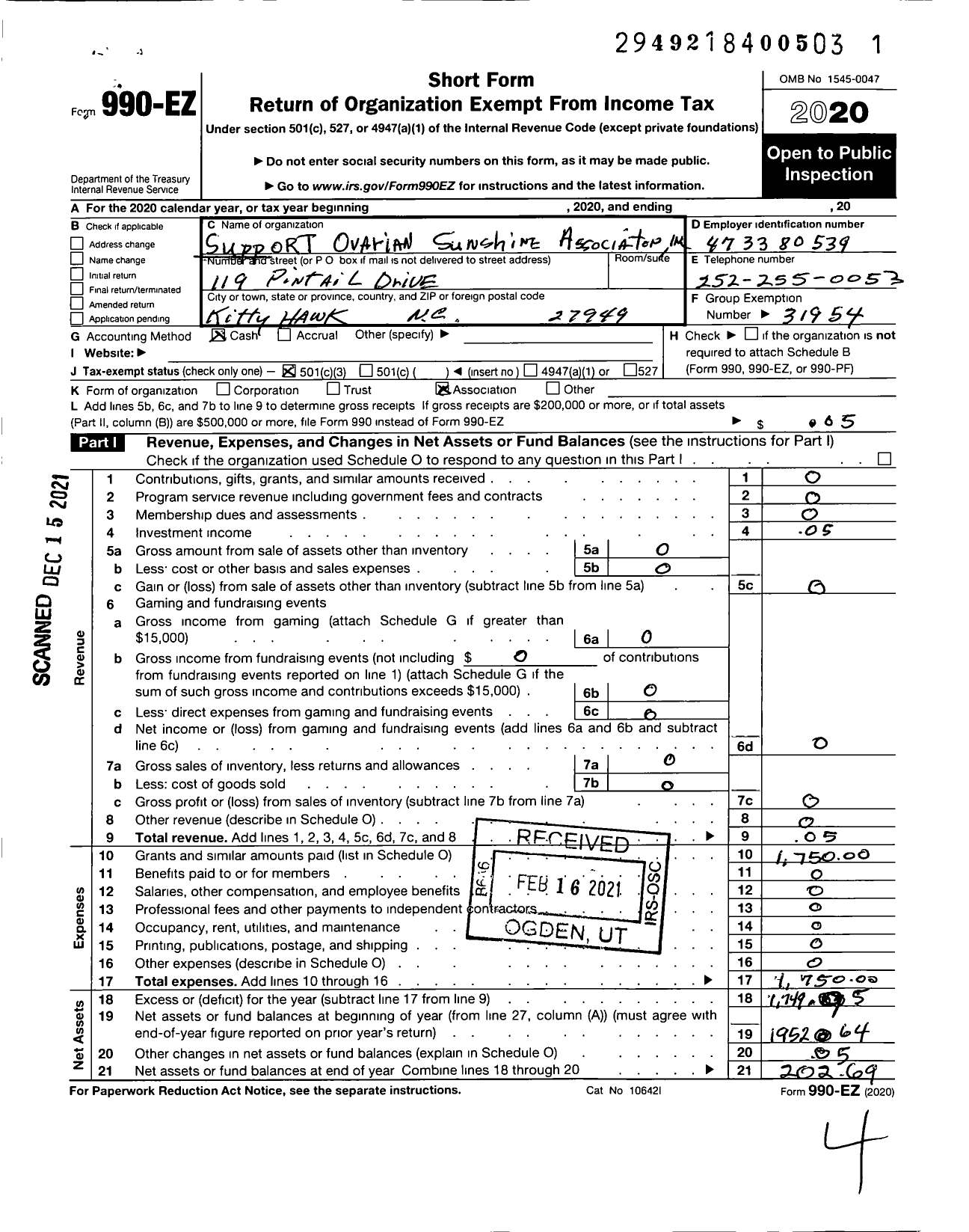 Image of first page of 2020 Form 990EZ for Support Ovarian Sunshine Association