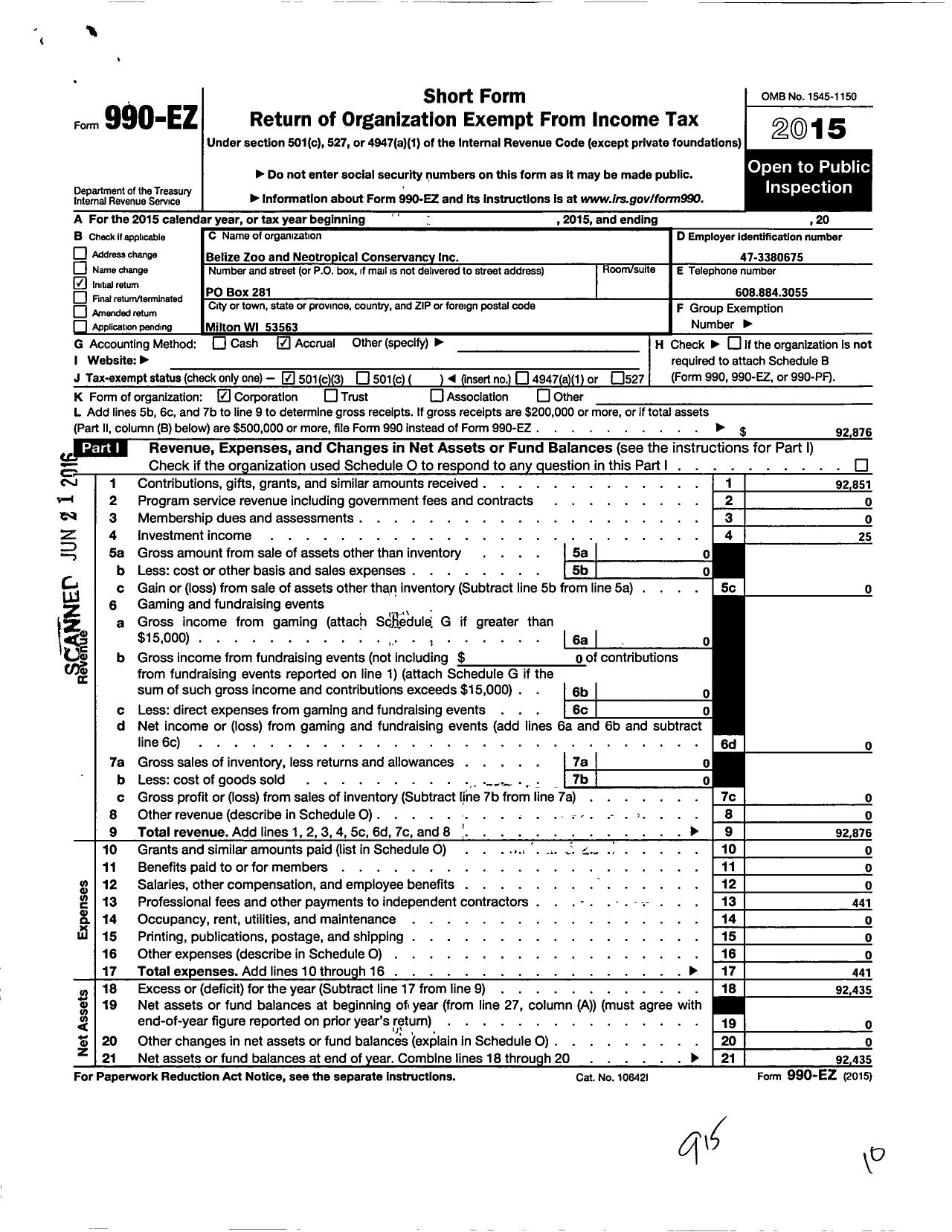 Image of first page of 2015 Form 990EZ for Belize Zoo and Neotropical Conservancy