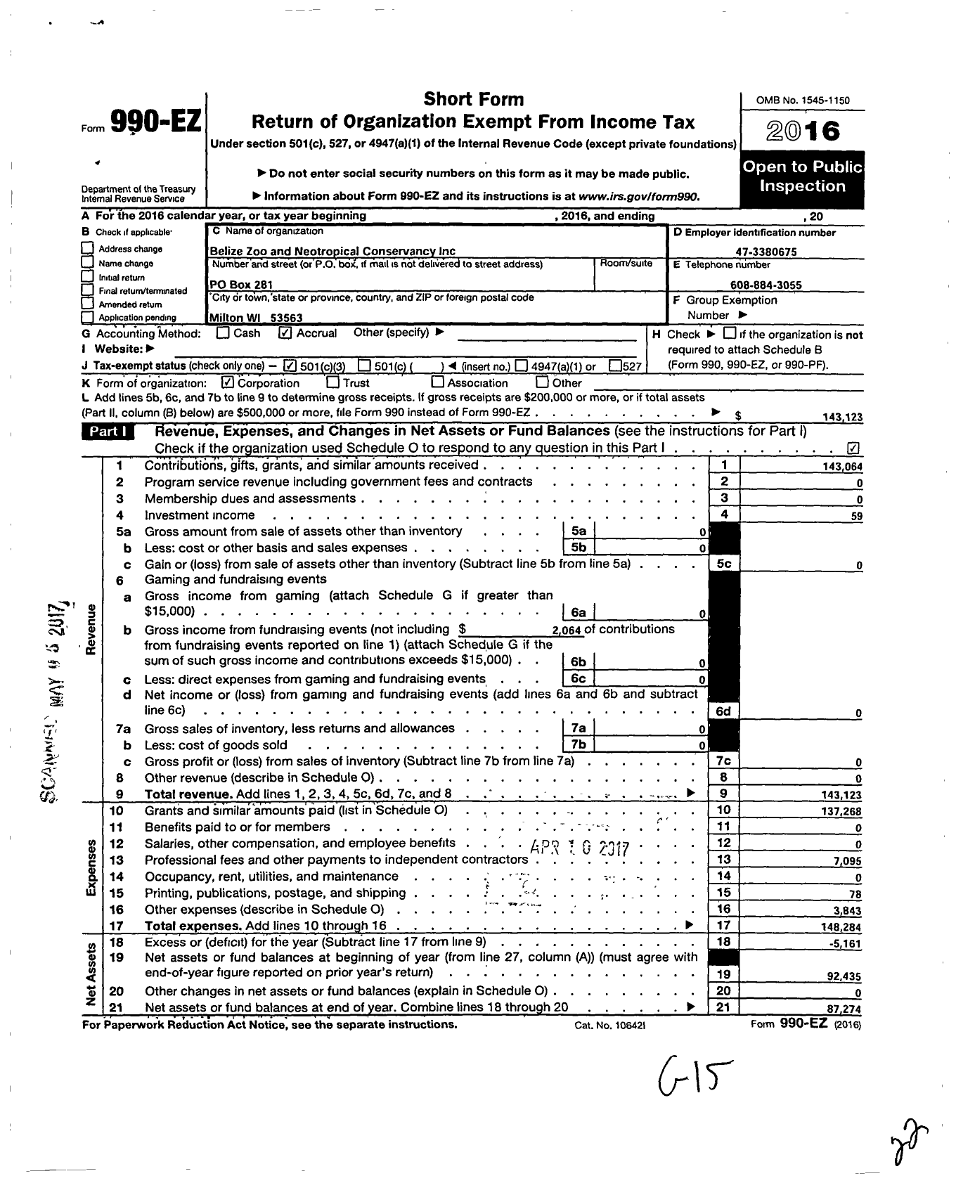 Image of first page of 2016 Form 990EZ for Belize Zoo and Neotropical Conservancy