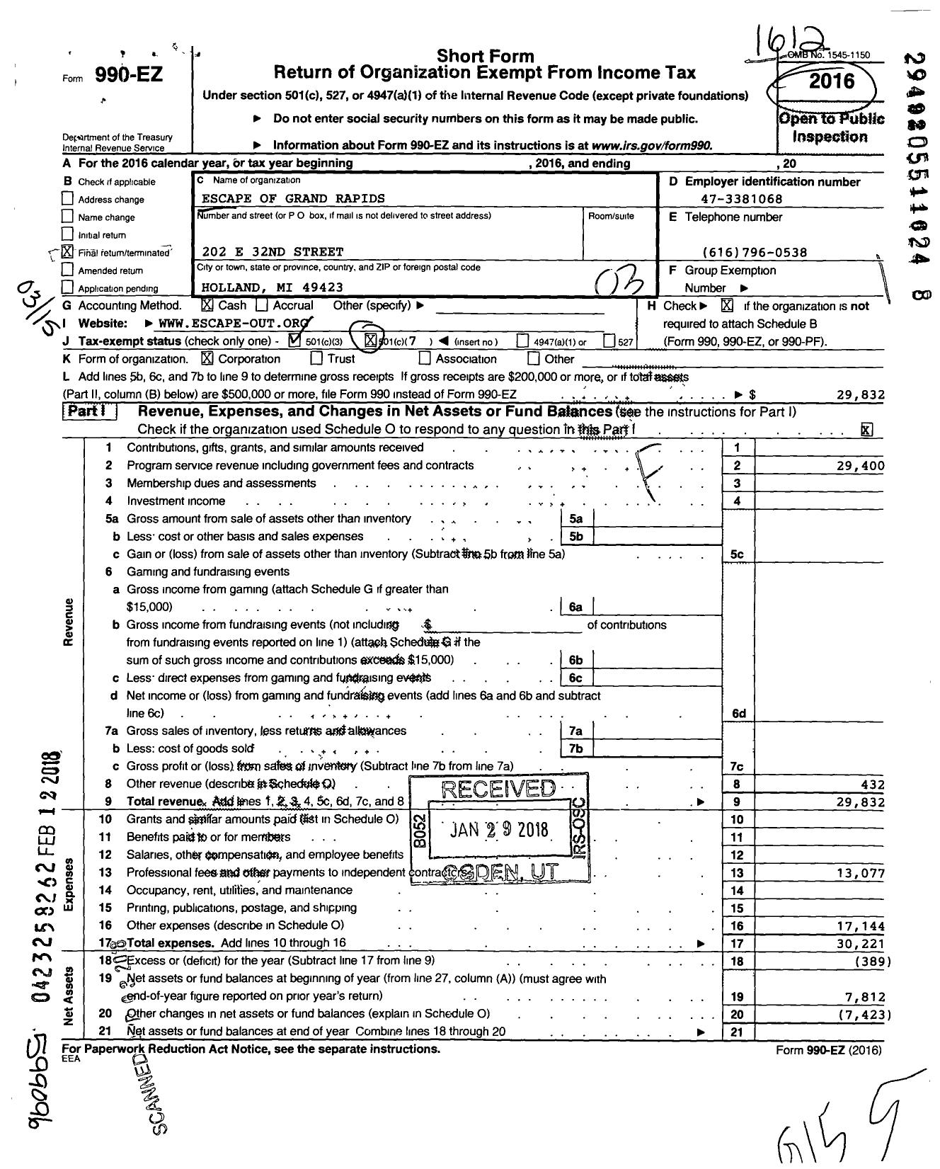 Image of first page of 2016 Form 990EZ for Escape of Grand Rapids