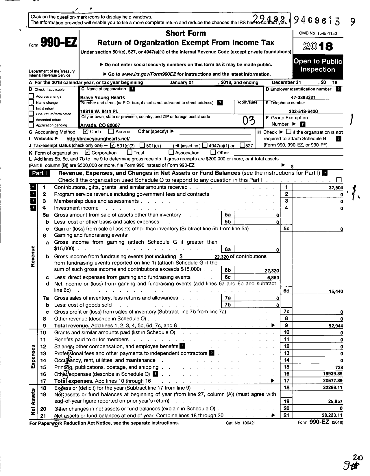 Image of first page of 2018 Form 990EZ for Brave Young Hearts