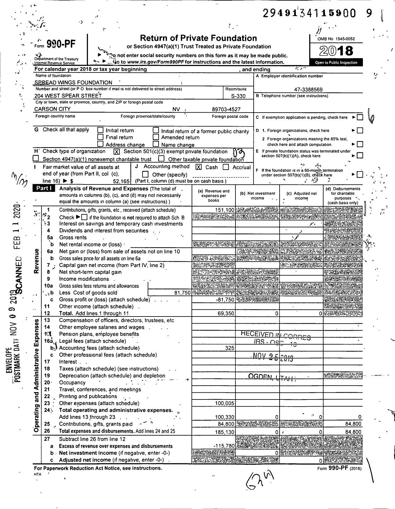 Image of first page of 2018 Form 990PF for Spread Wings Foundation