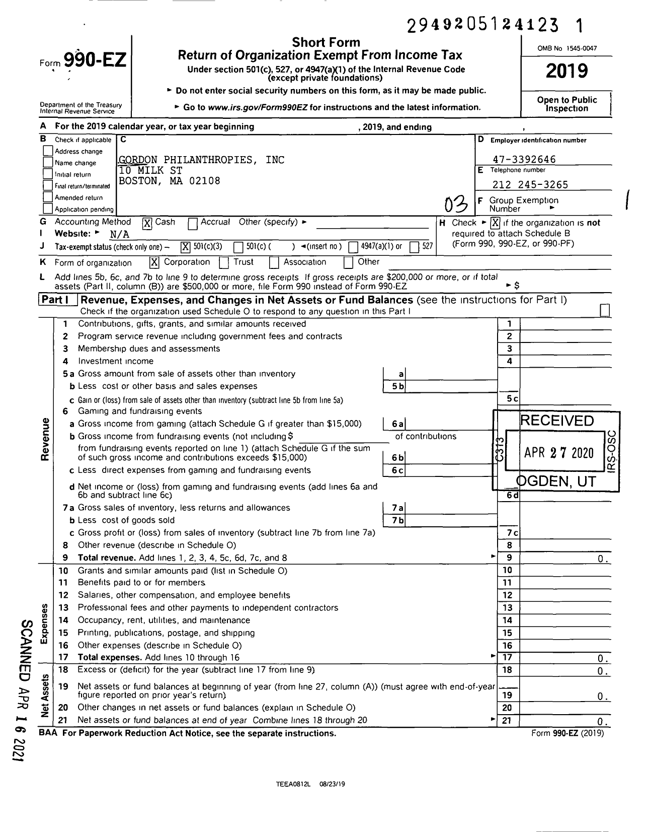 Image of first page of 2019 Form 990EZ for Gordon Philanthropies