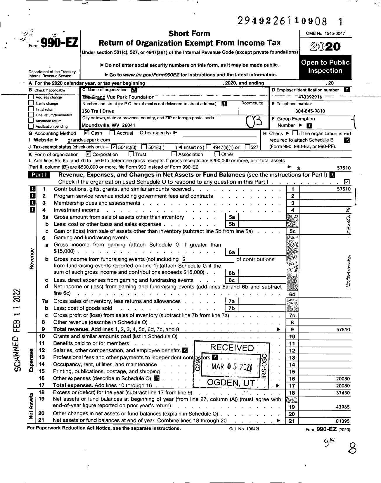 Image of first page of 2020 Form 990EZ for Grand Vue Park Foundation