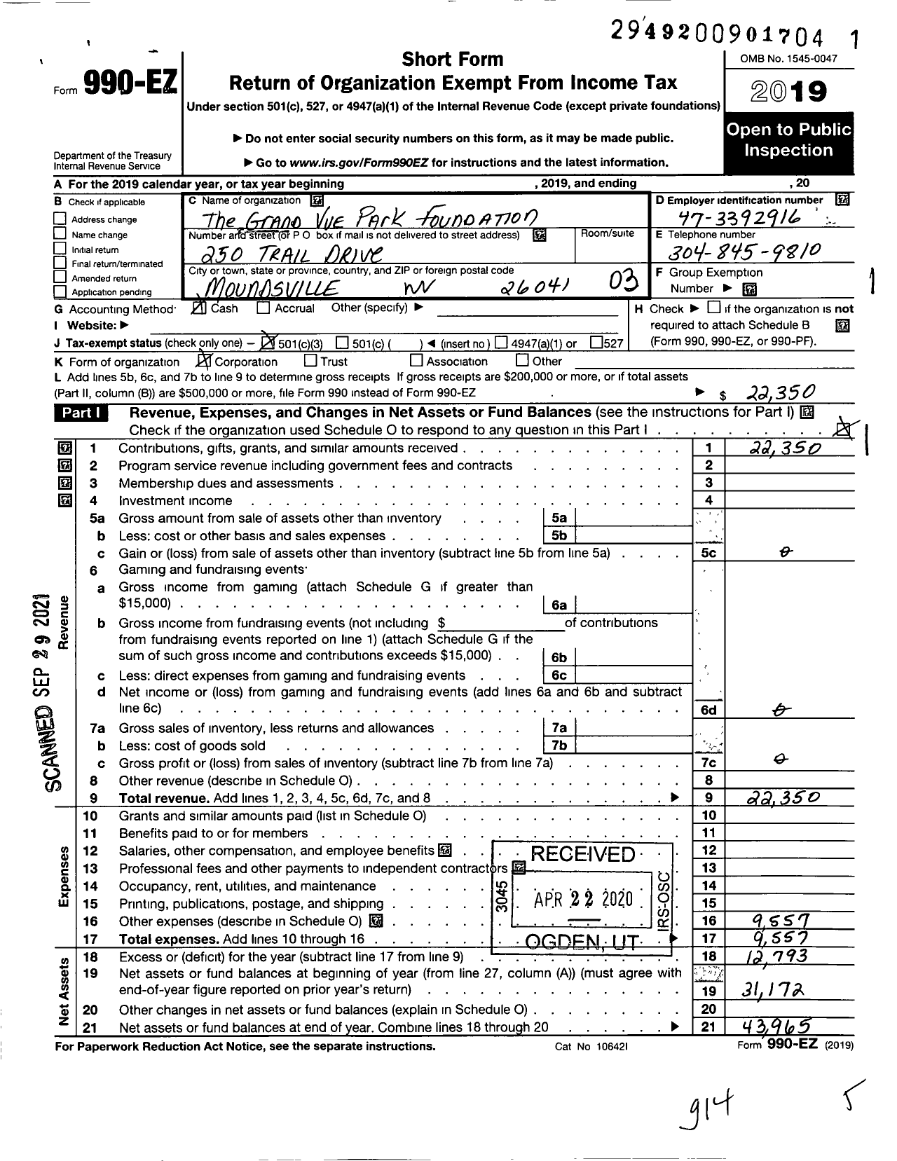 Image of first page of 2019 Form 990EZ for Grand Vue Park Foundation
