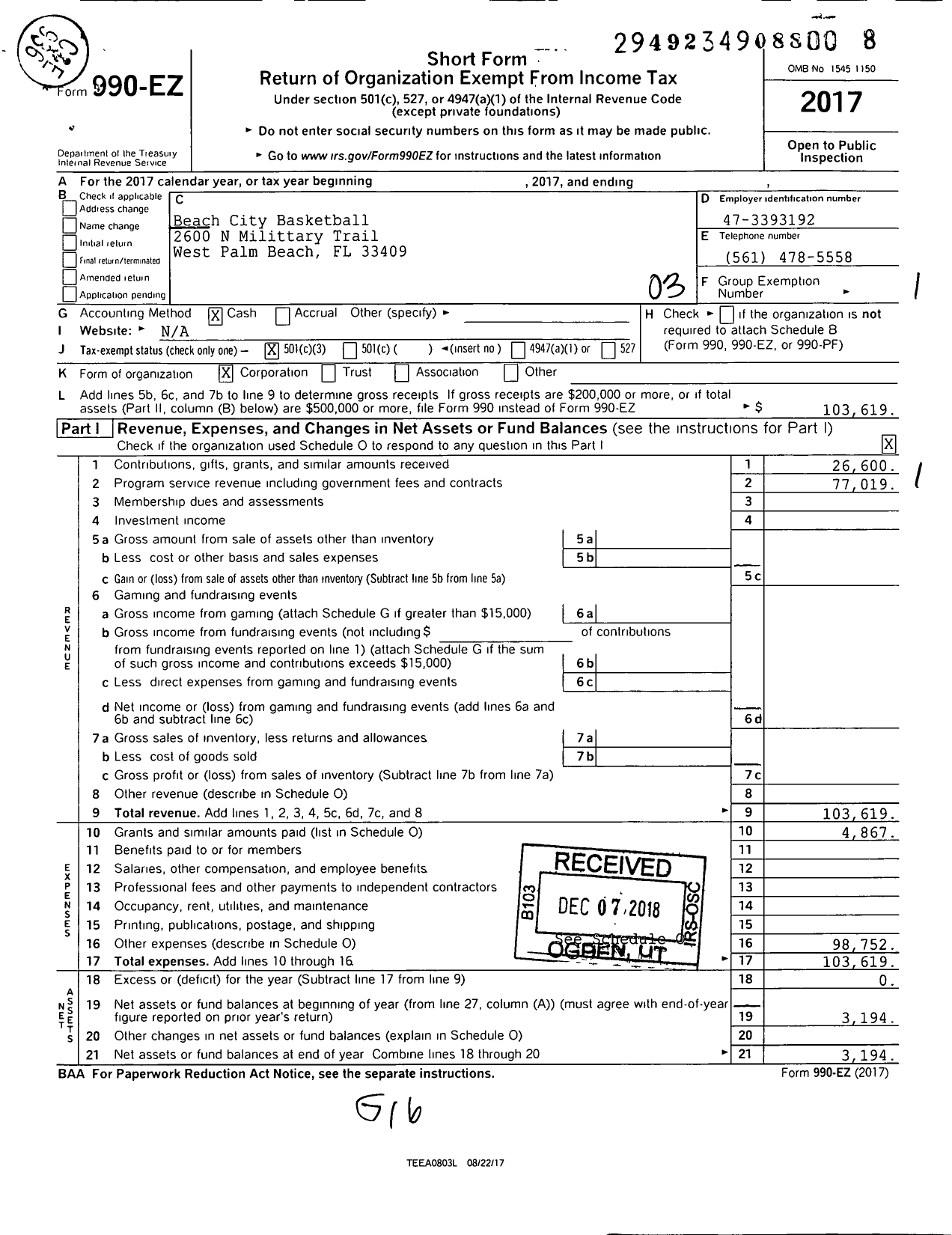 Image of first page of 2017 Form 990EZ for Beach City Basketball