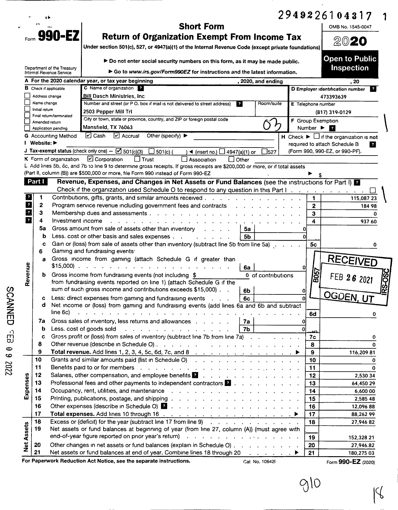 Image of first page of 2020 Form 990EZ for Bill Dasch Ministries