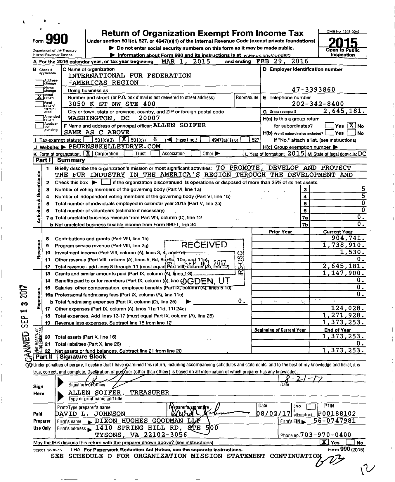 Image of first page of 2015 Form 990O for International Fur Federation -americas Region