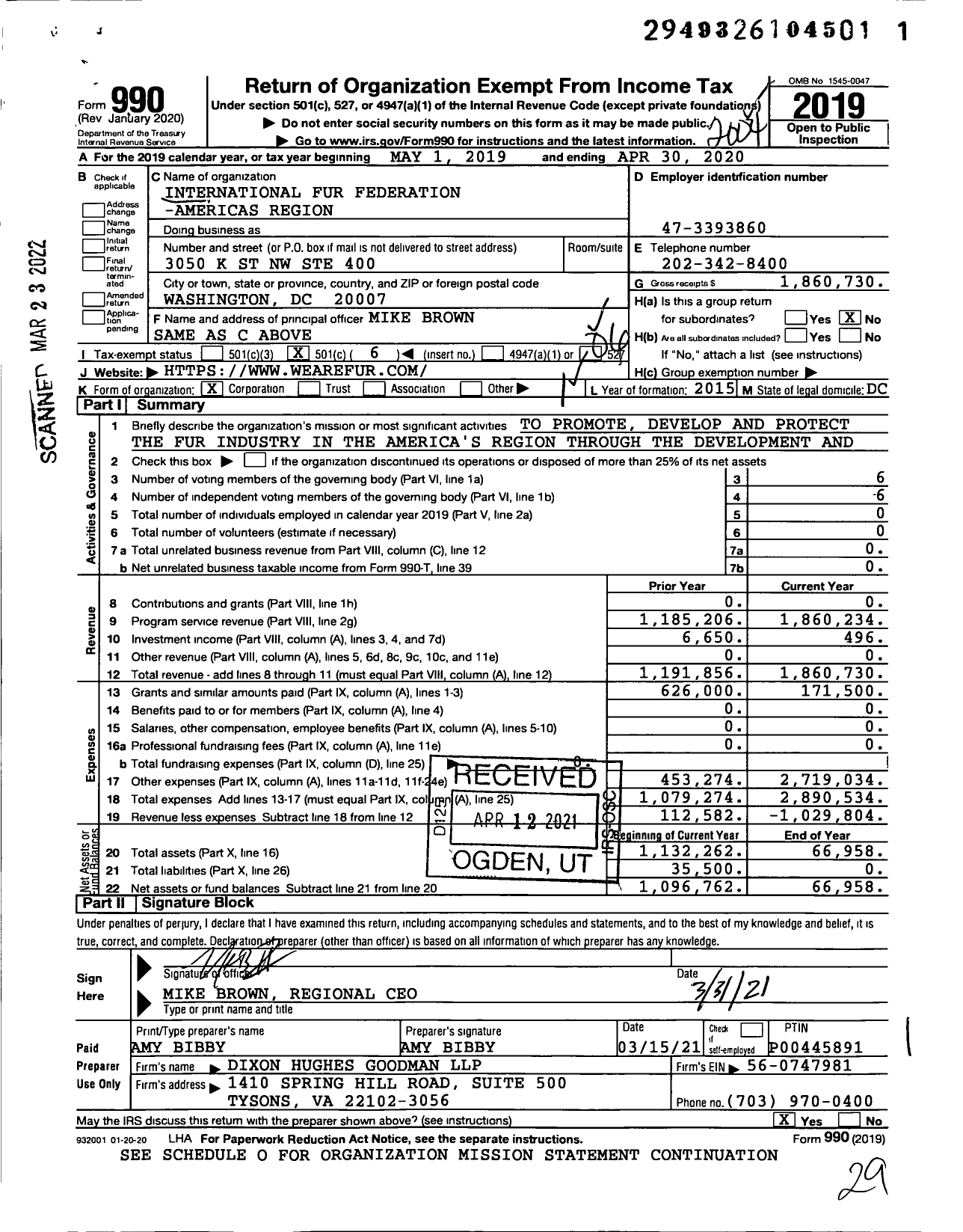 Image of first page of 2019 Form 990O for International Fur Federation - Americas Region