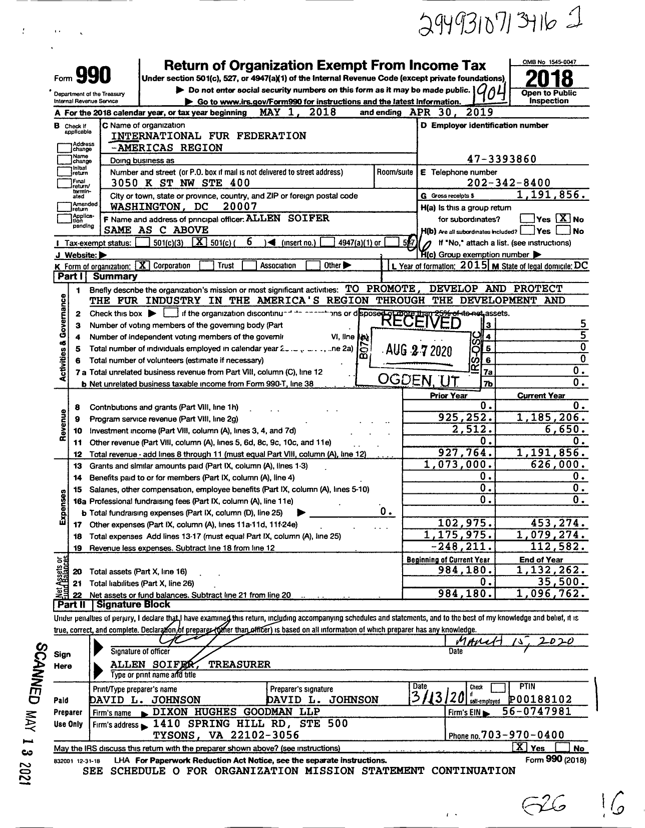 Image of first page of 2018 Form 990O for International Fur Federation - Americas Region