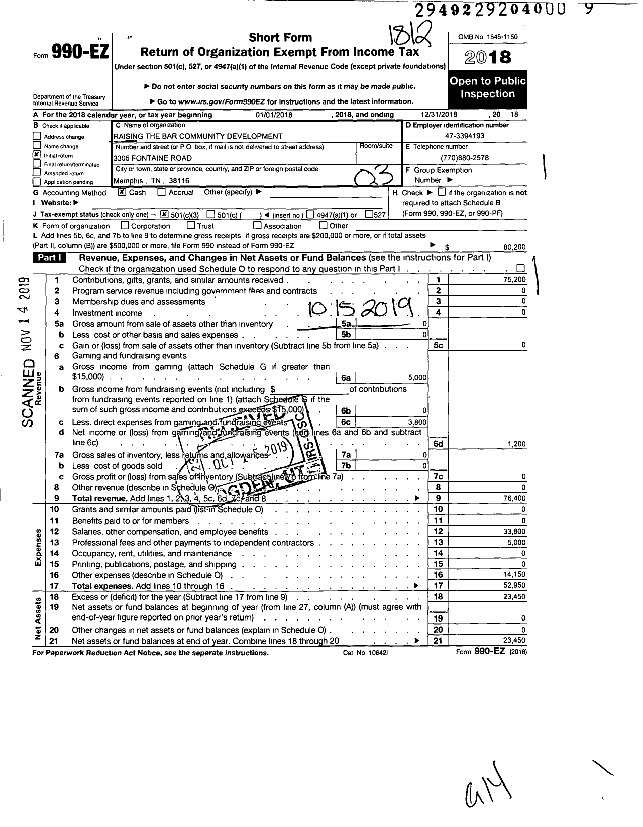 Image of first page of 2018 Form 990EZ for Raising the Bar Community Development