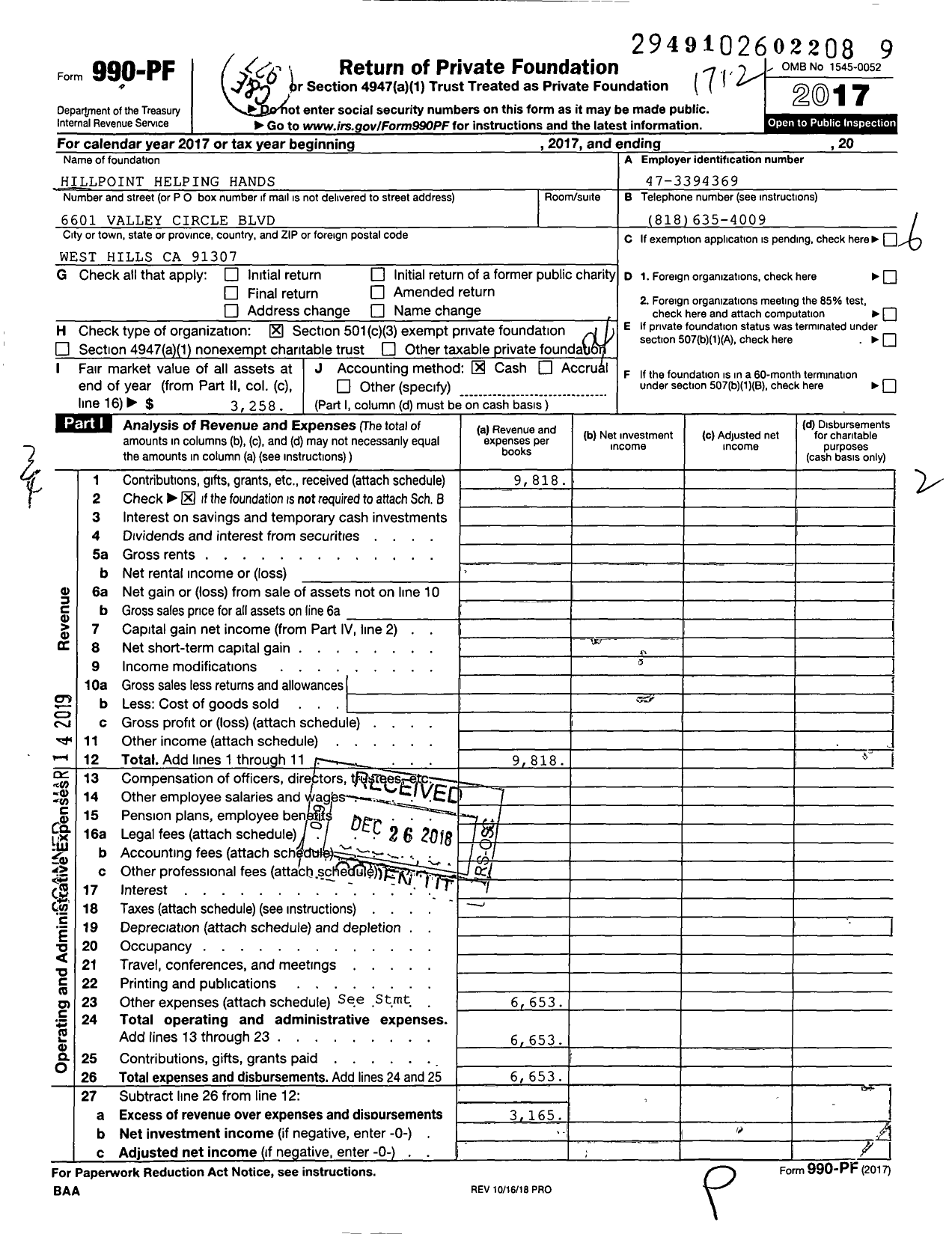 Image of first page of 2017 Form 990PF for Hillpoint Helping Hands