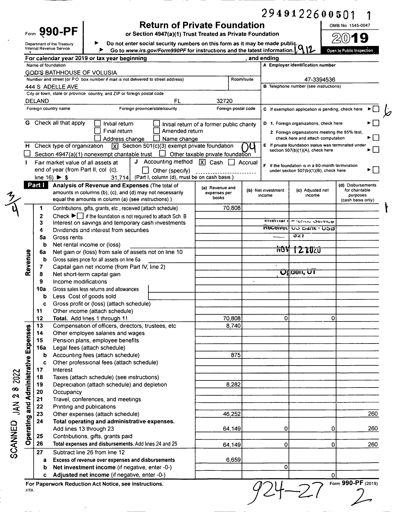 Image of first page of 2019 Form 990PF for God's Bathhouse of Volusia