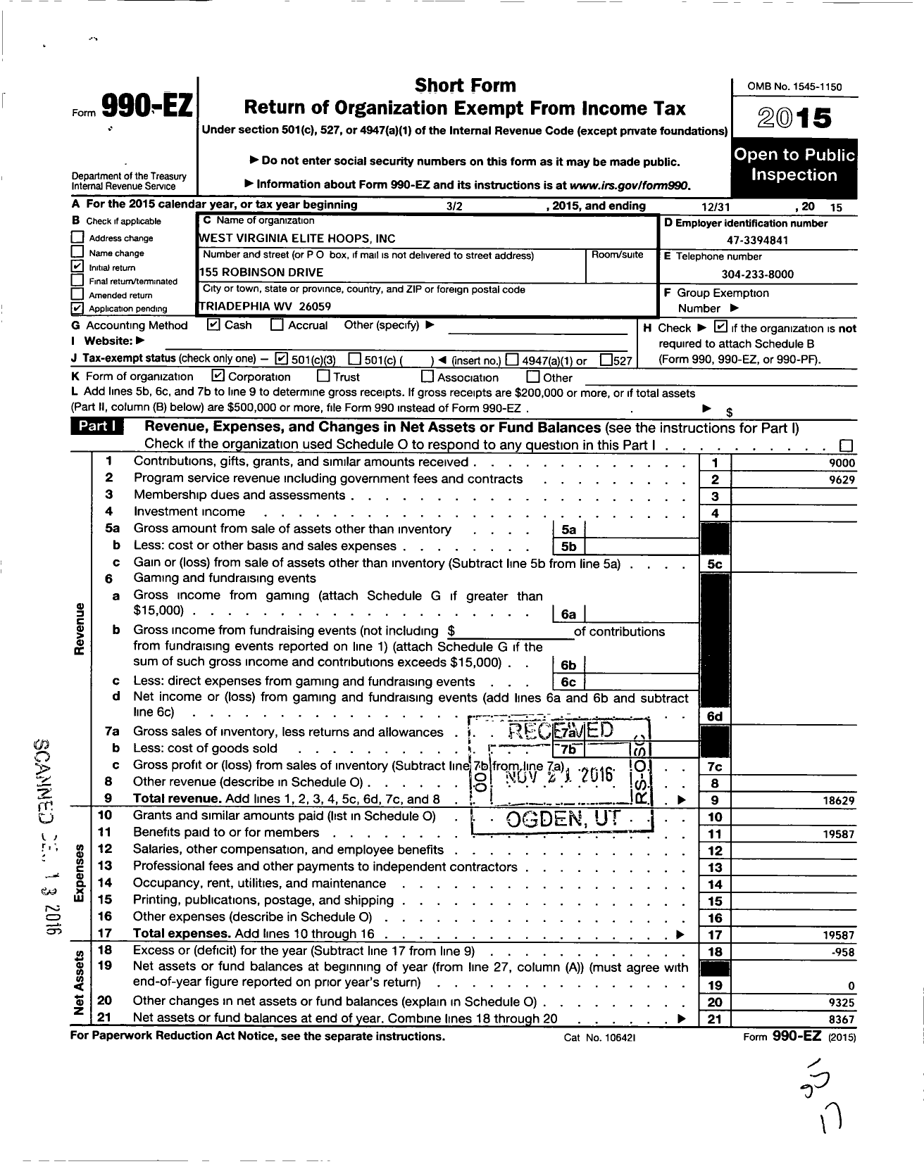 Image of first page of 2015 Form 990EZ for West Virginia Elite Hoops