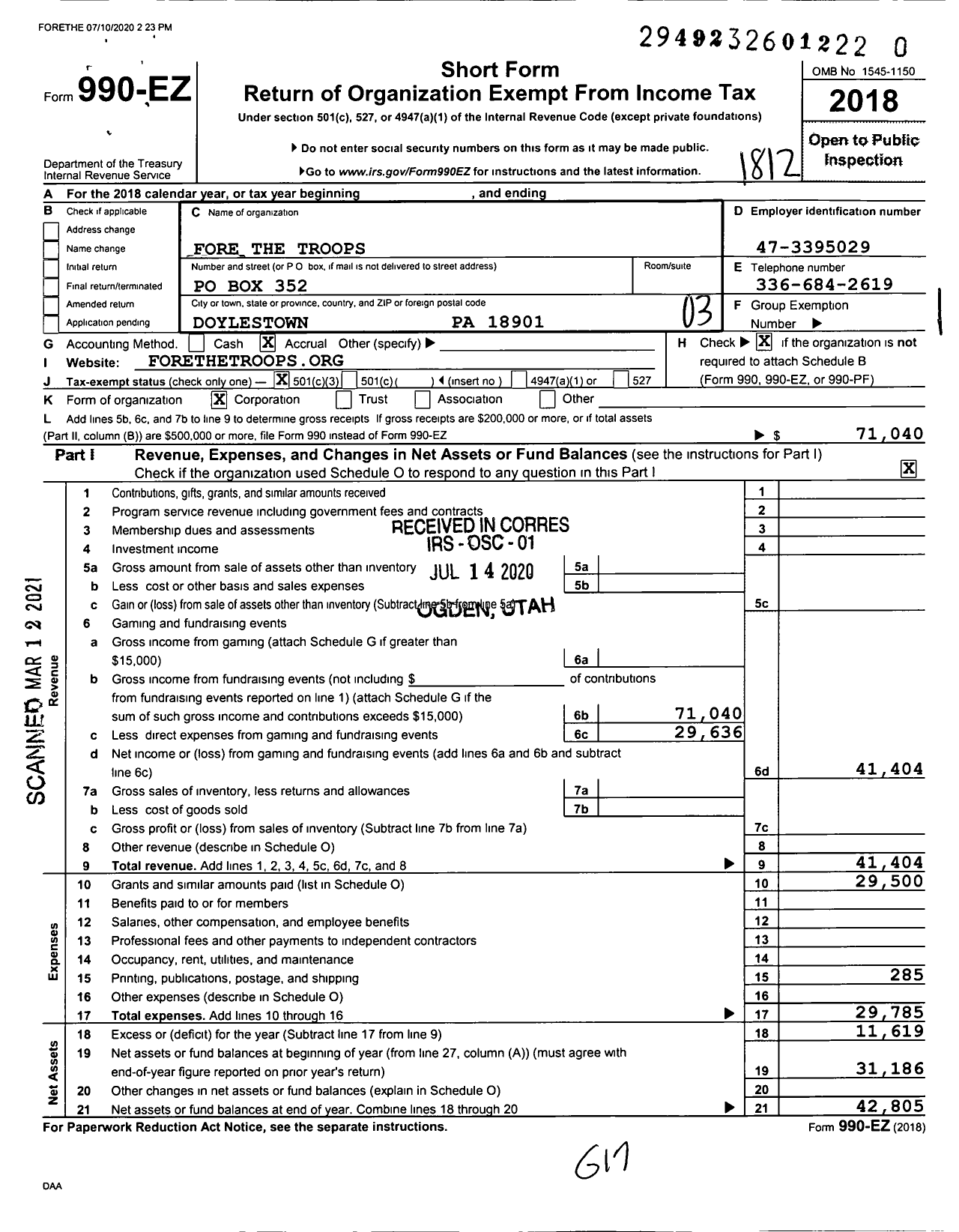 Image of first page of 2018 Form 990EZ for Fore the Troops