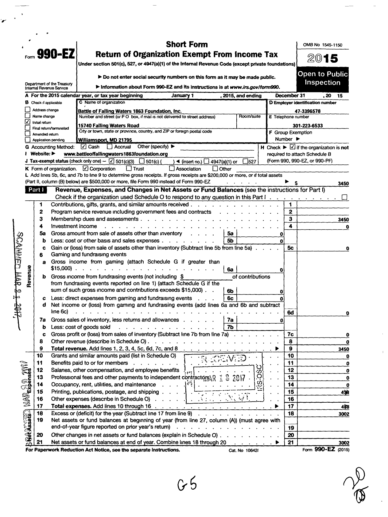 Image of first page of 2015 Form 990EZ for Battle of Falling Waters 1863 Foundation