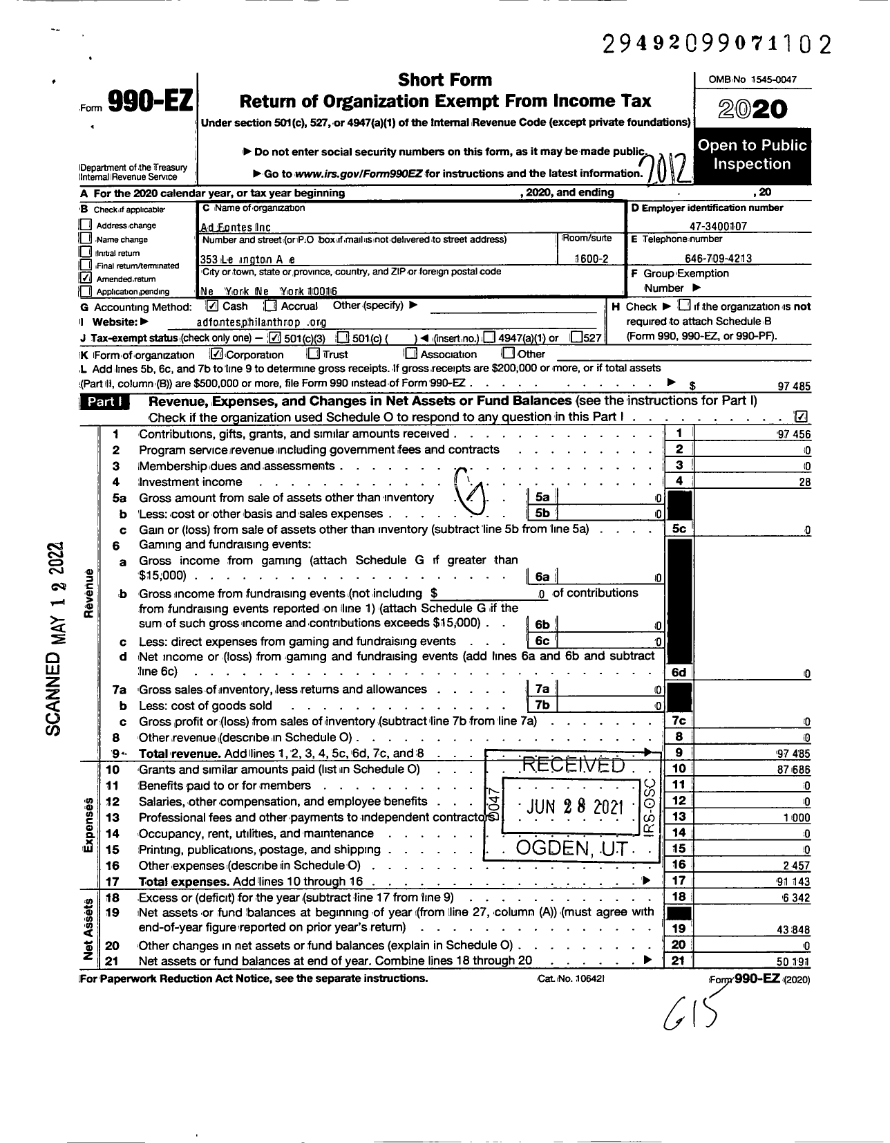 Image of first page of 2020 Form 990EZ for Ad Fontes