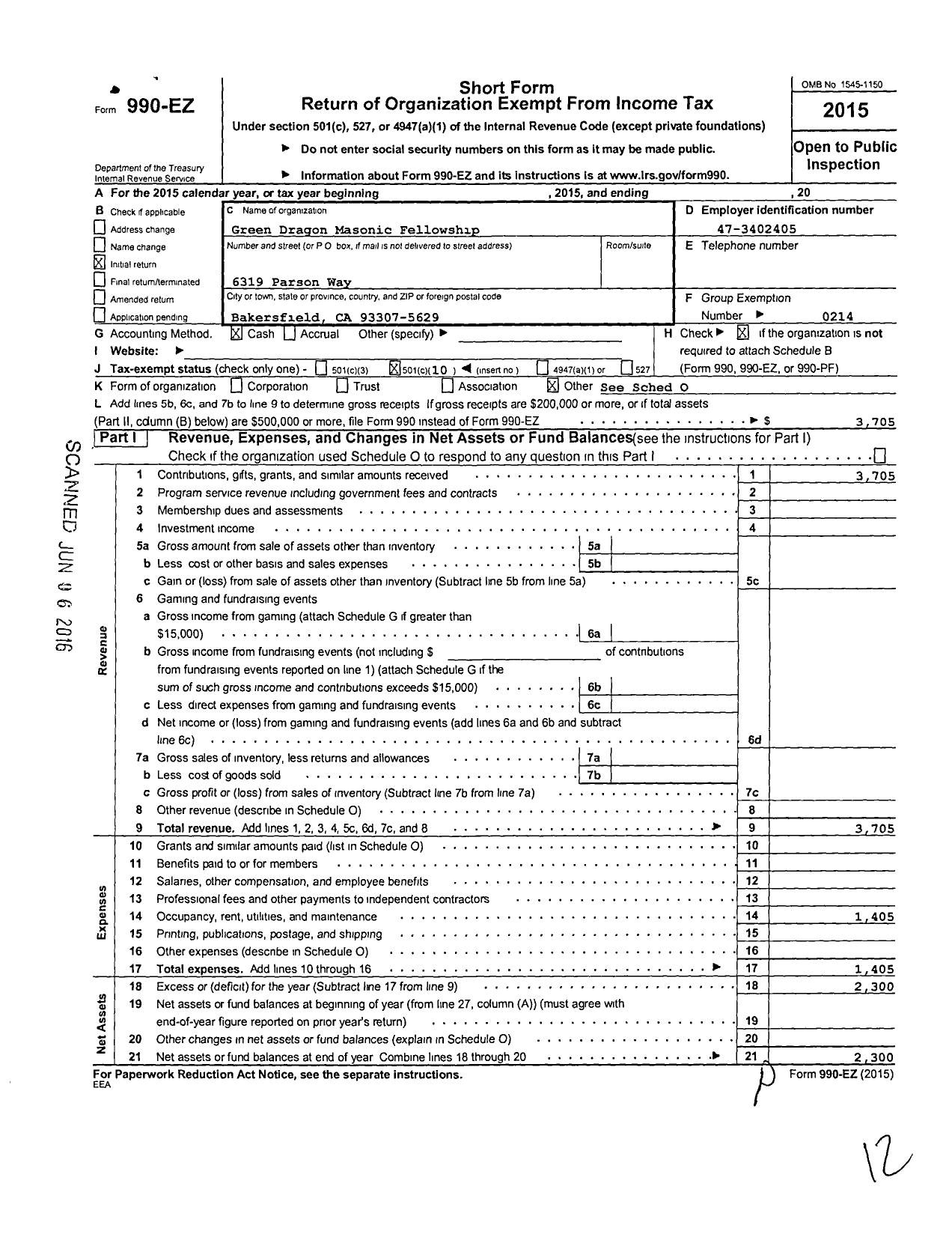 Image of first page of 2015 Form 990EO for Masons of California - Green Dragon Masonic Fellowship Lod