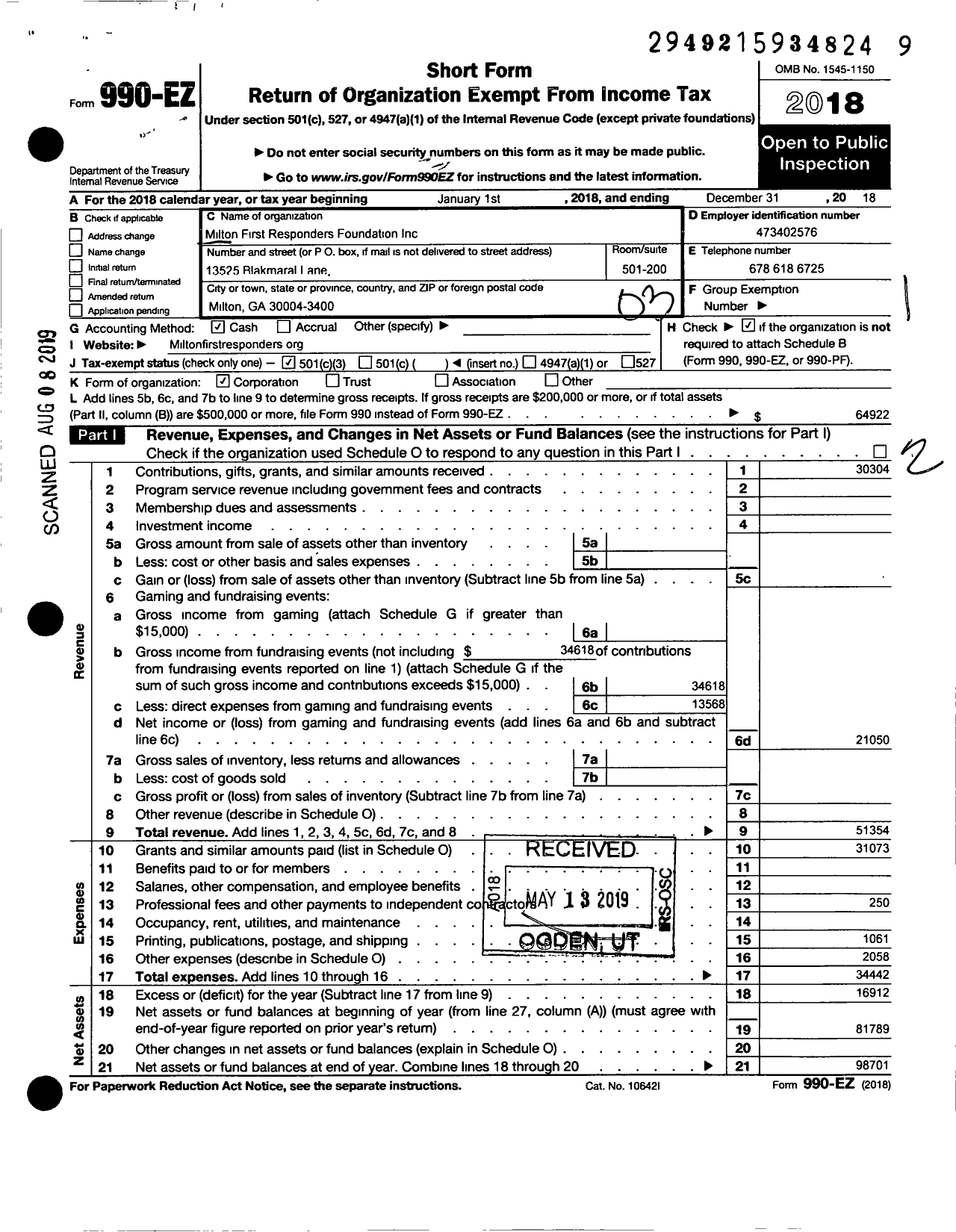 Image of first page of 2018 Form 990EZ for Milton First Responders Foundation