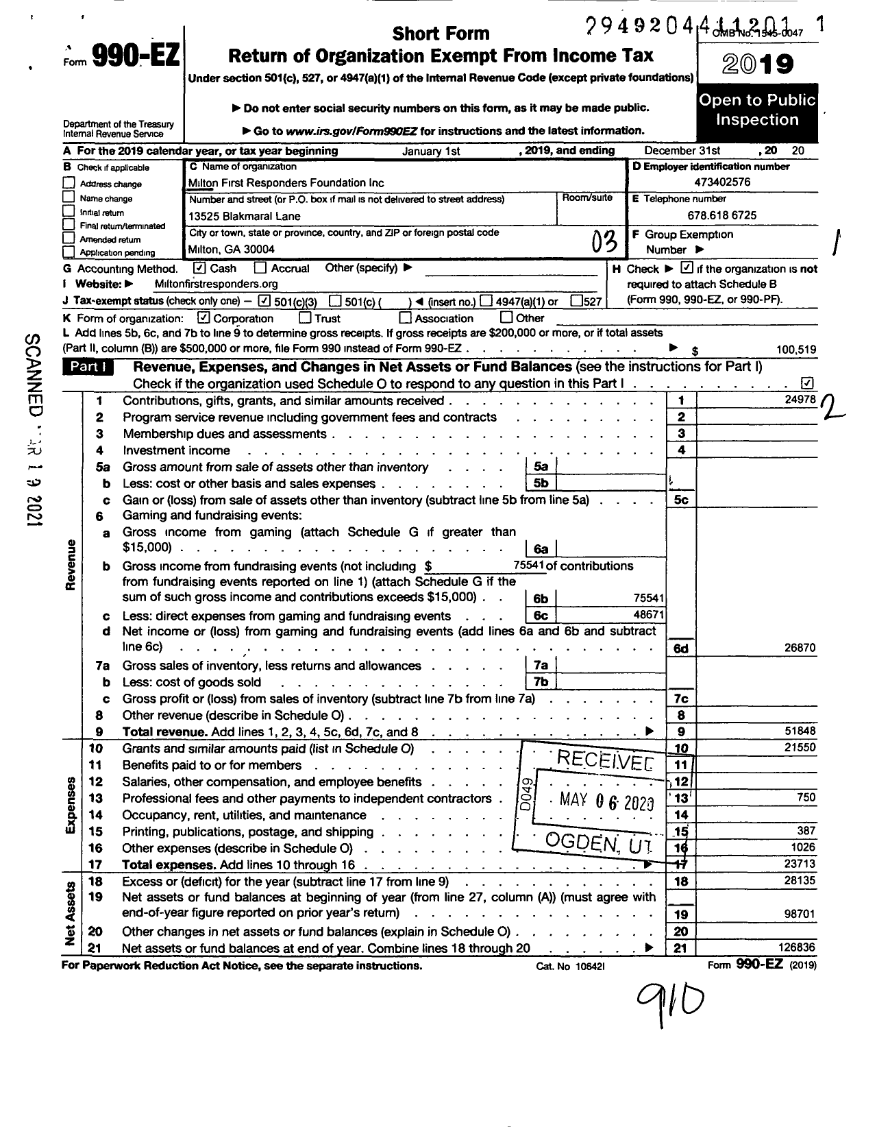 Image of first page of 2020 Form 990EZ for Milton First Responders Foundation
