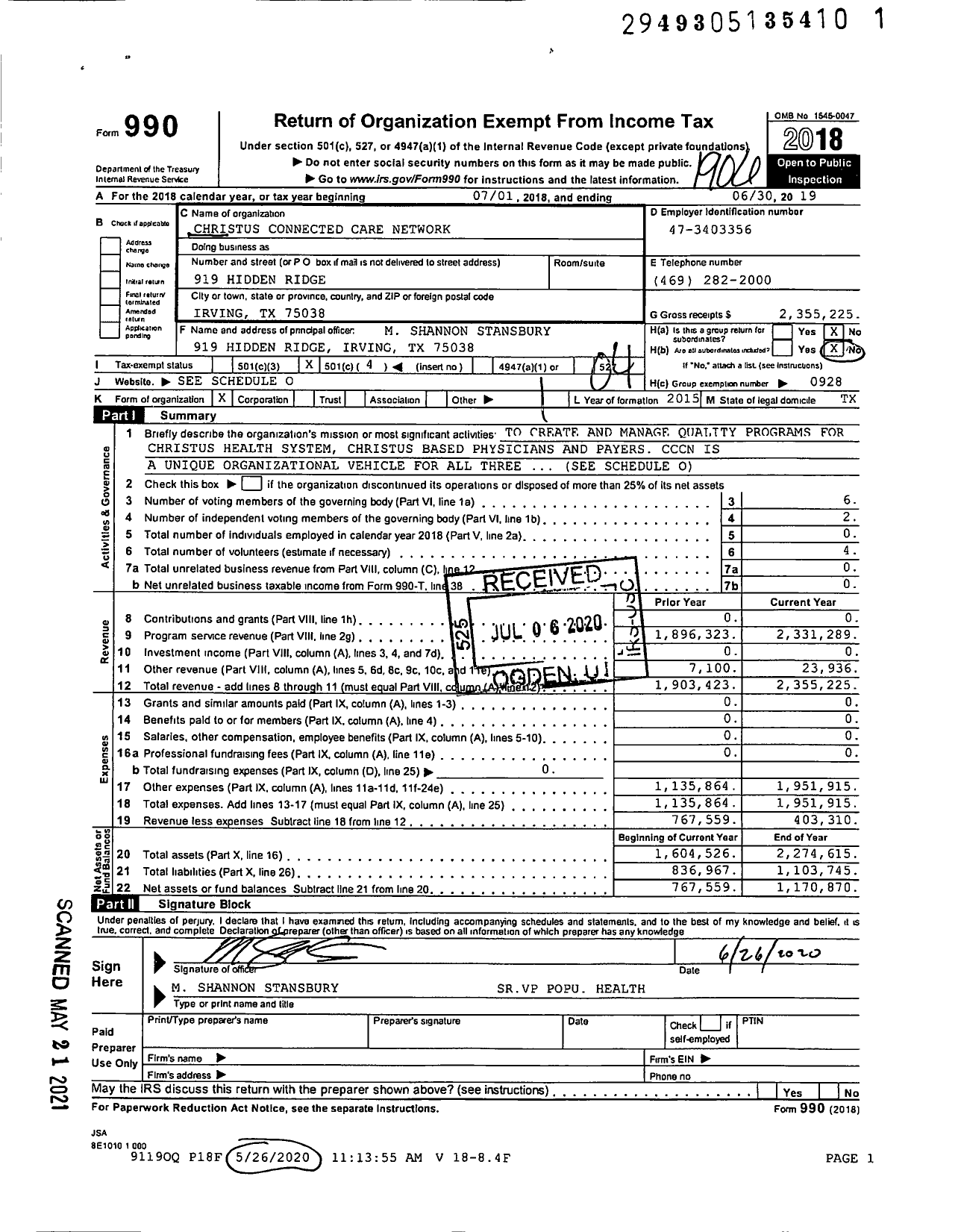 Image of first page of 2018 Form 990O for CHRISTUS Quality Network