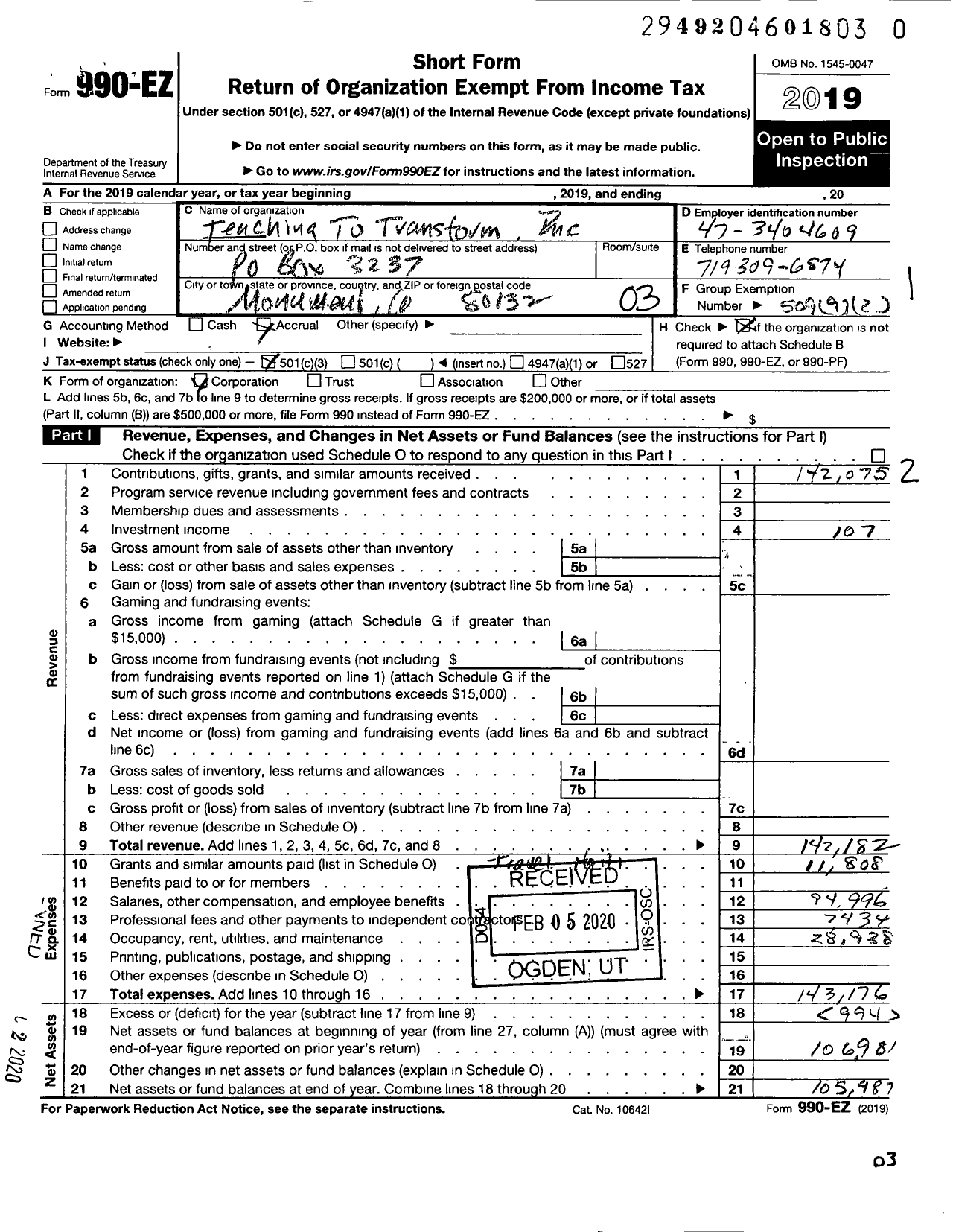 Image of first page of 2019 Form 990EZ for Teaching To Transform