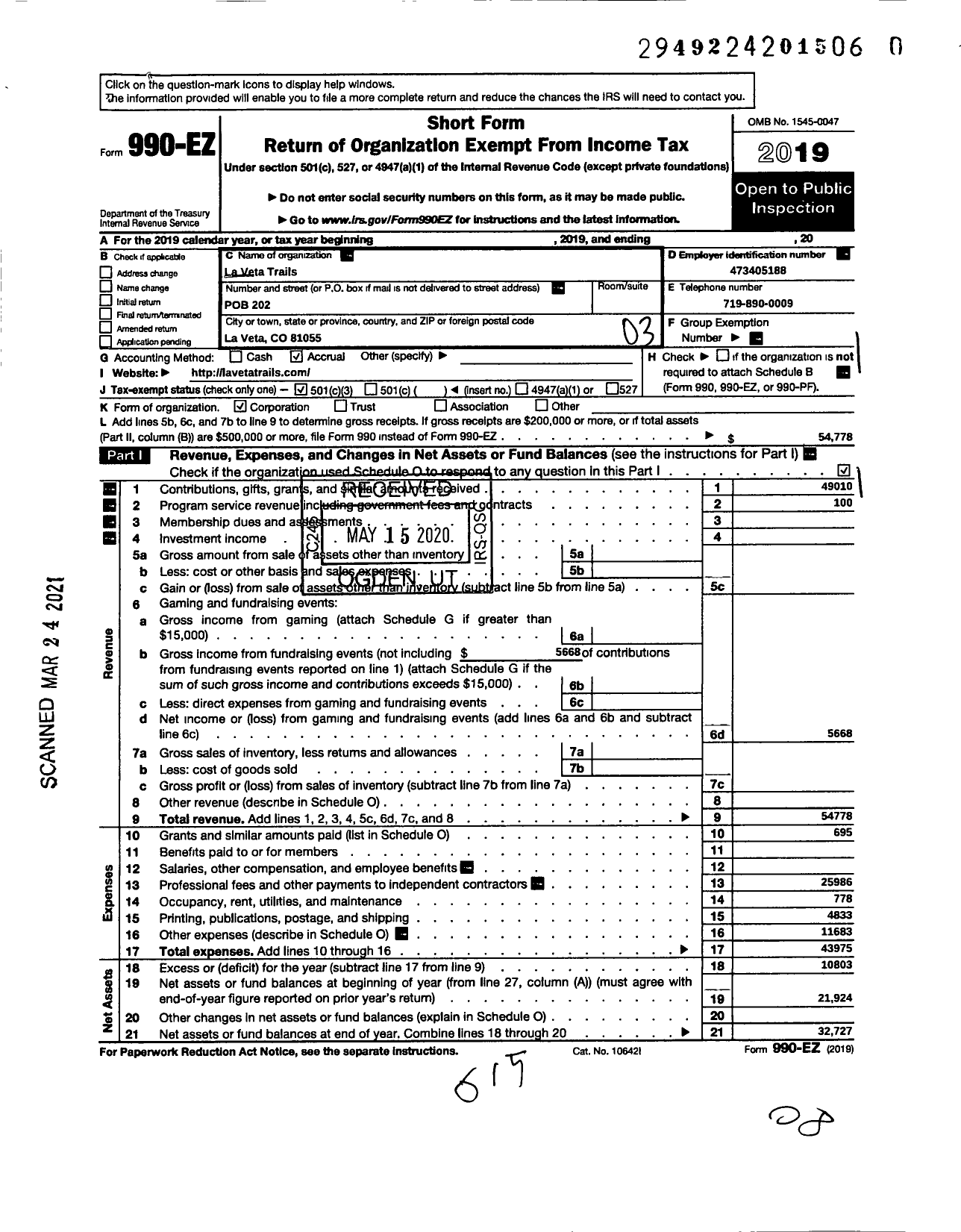 Image of first page of 2019 Form 990EZ for La Veta Trails Incorporated