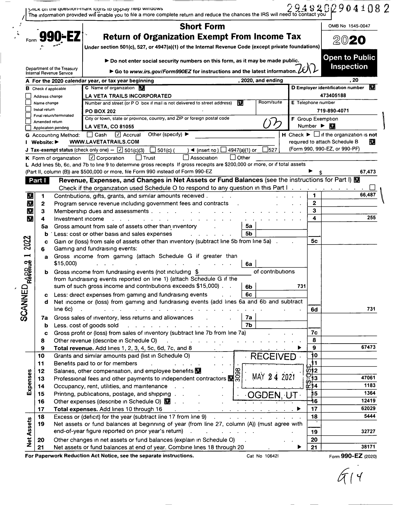 Image of first page of 2020 Form 990EZ for La Veta Trails Incorporated