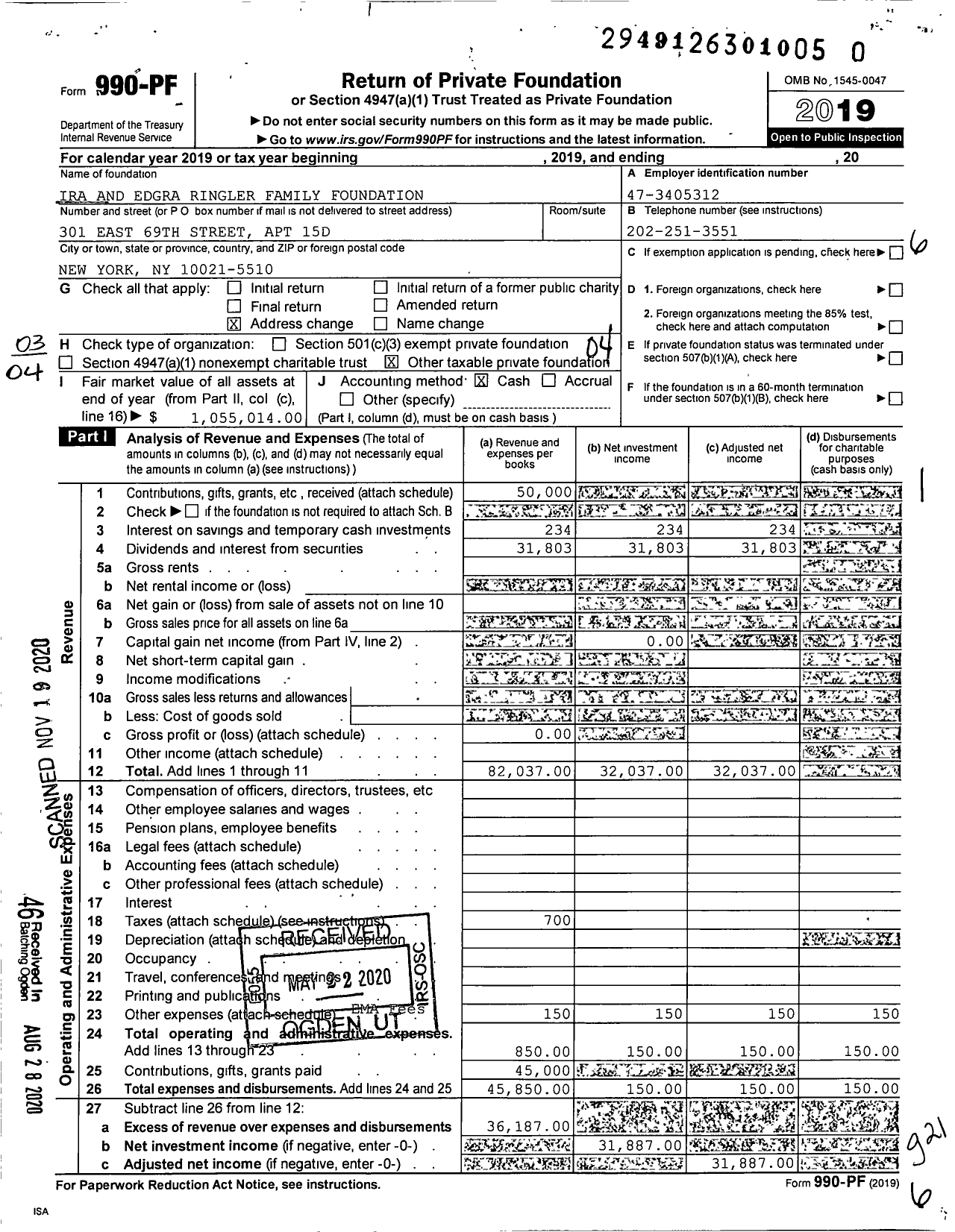 Image of first page of 2019 Form 990PF for Ira and Edgra Ringler Family Foundation