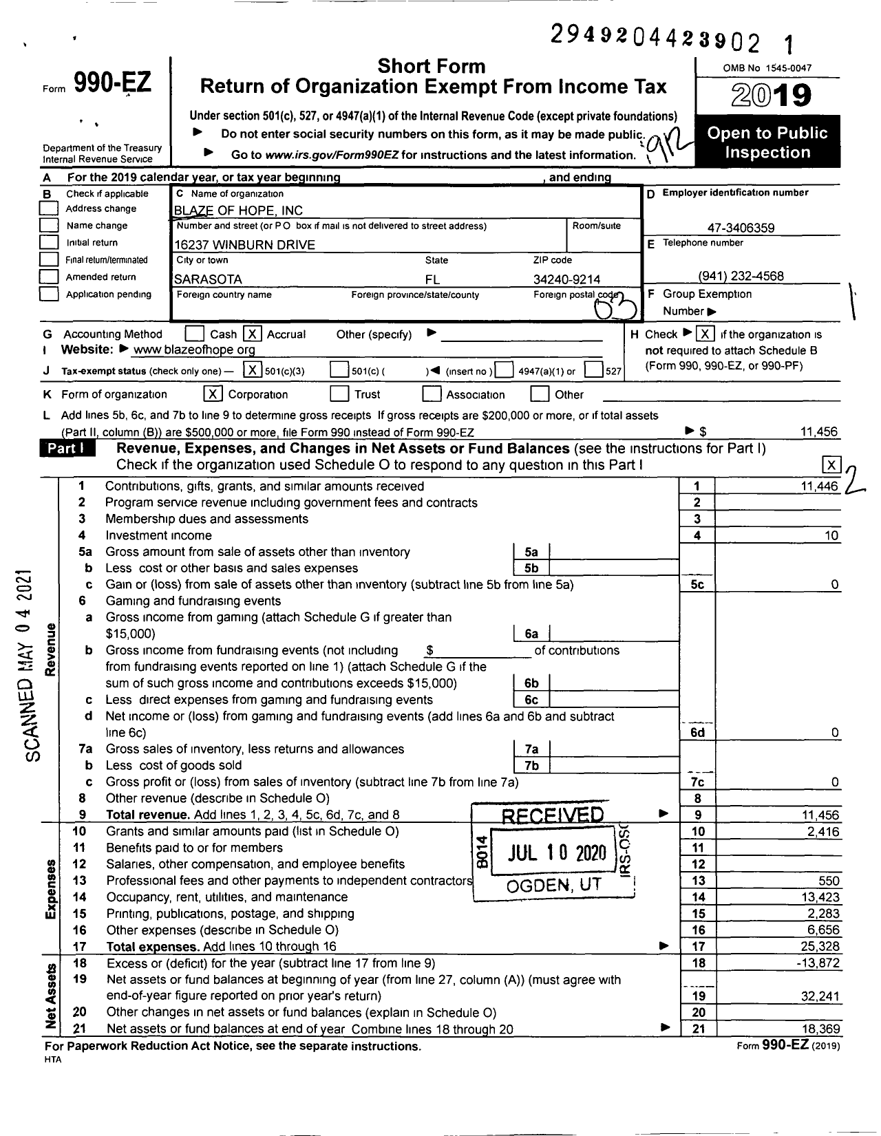 Image of first page of 2019 Form 990EZ for Blaze of Hope