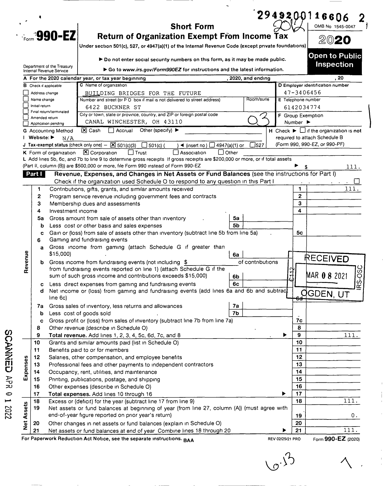 Image of first page of 2020 Form 990EZ for Building Bridges for the Future