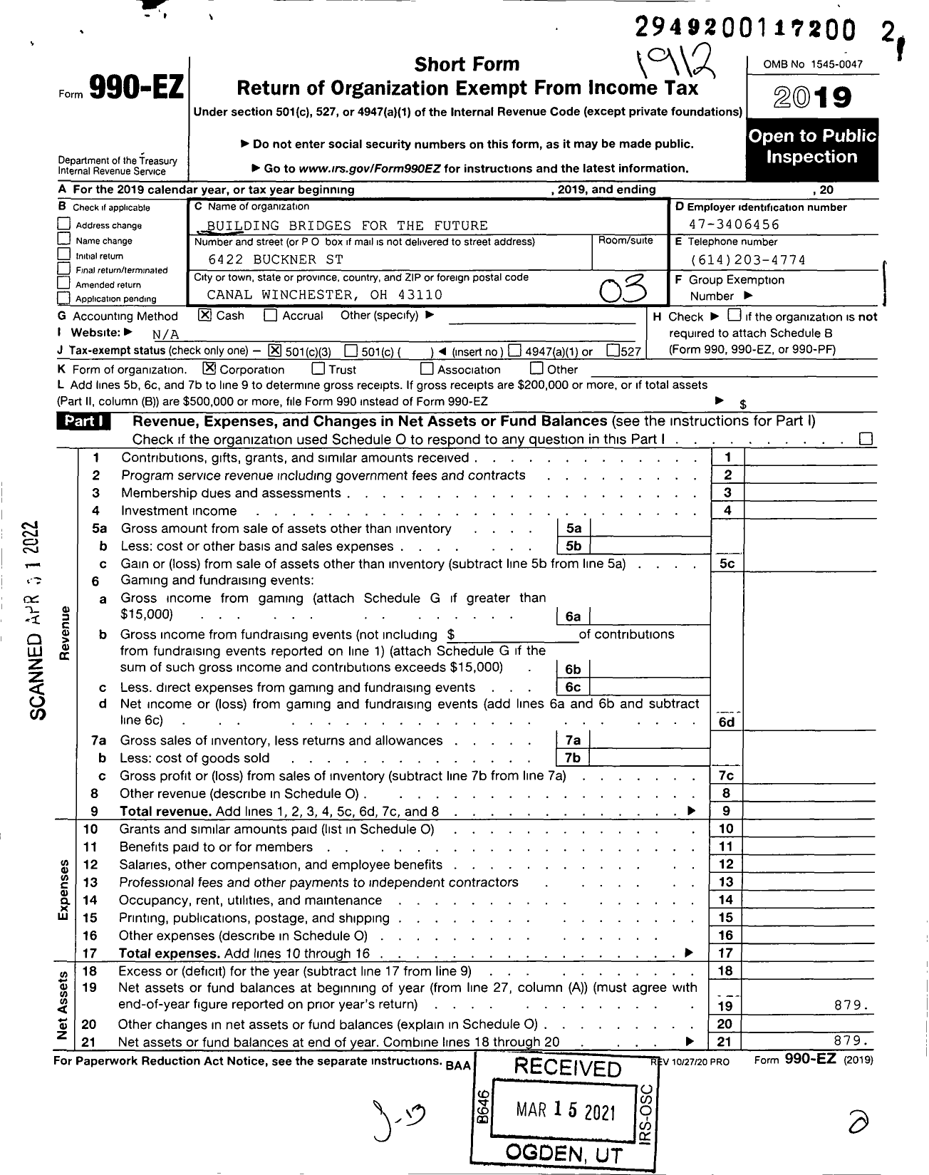 Image of first page of 2019 Form 990EZ for Building Bridges for the Future