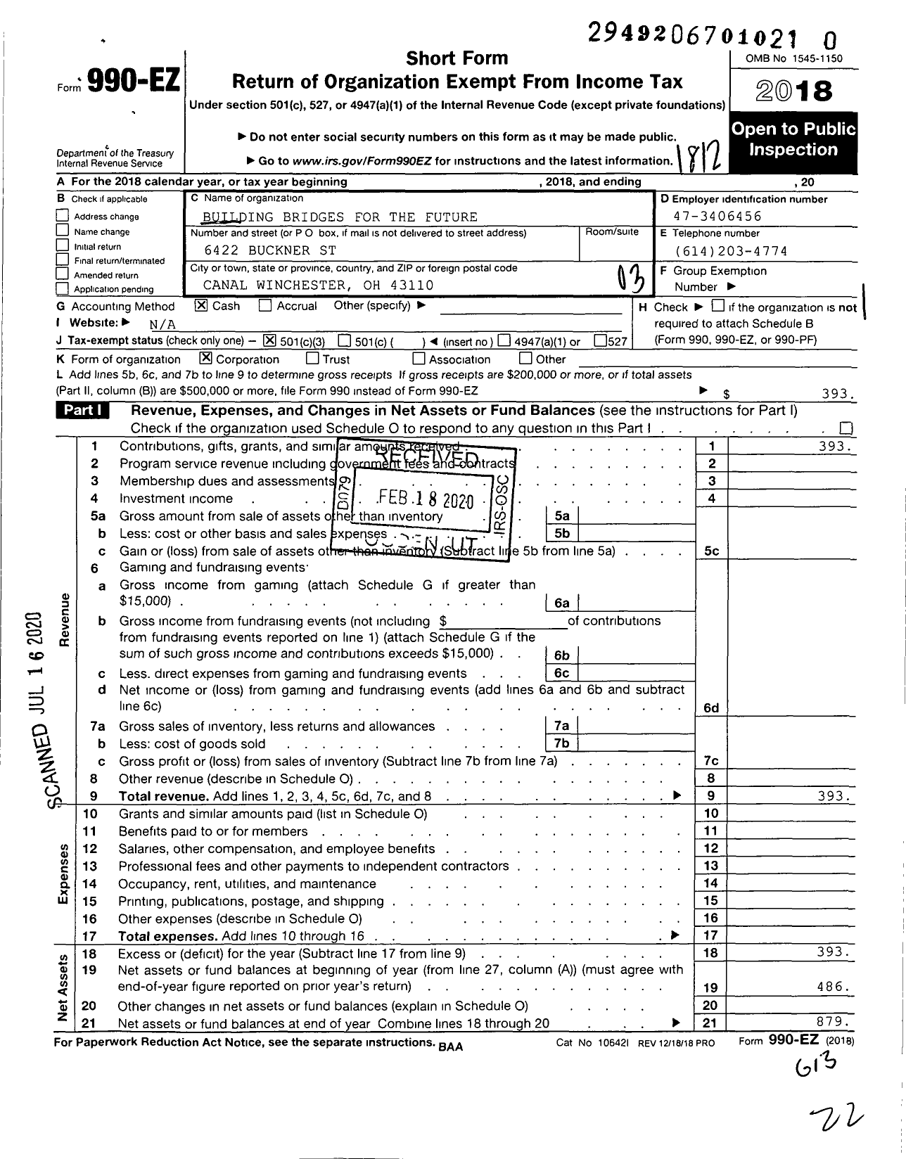 Image of first page of 2018 Form 990EZ for Building Bridges for the Future