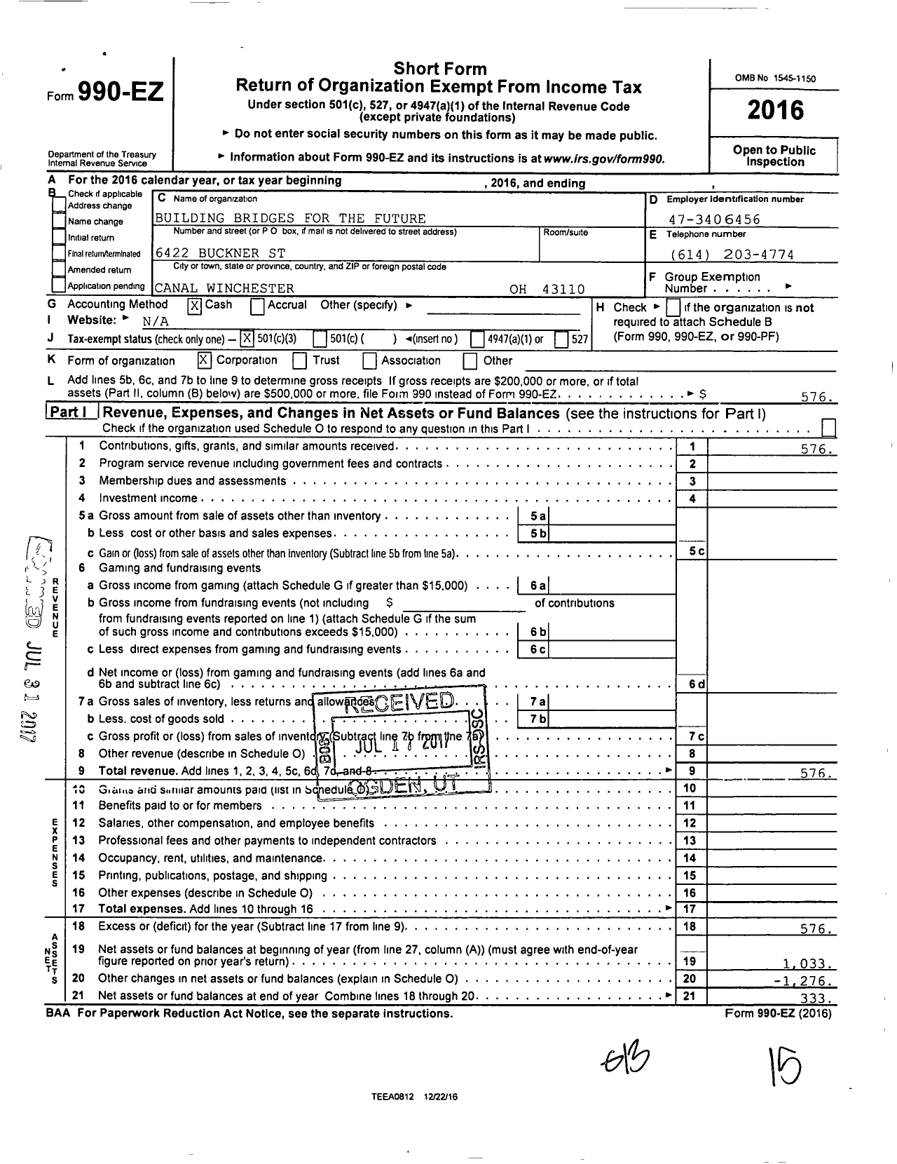 Image of first page of 2016 Form 990EZ for Building Bridges for the Future