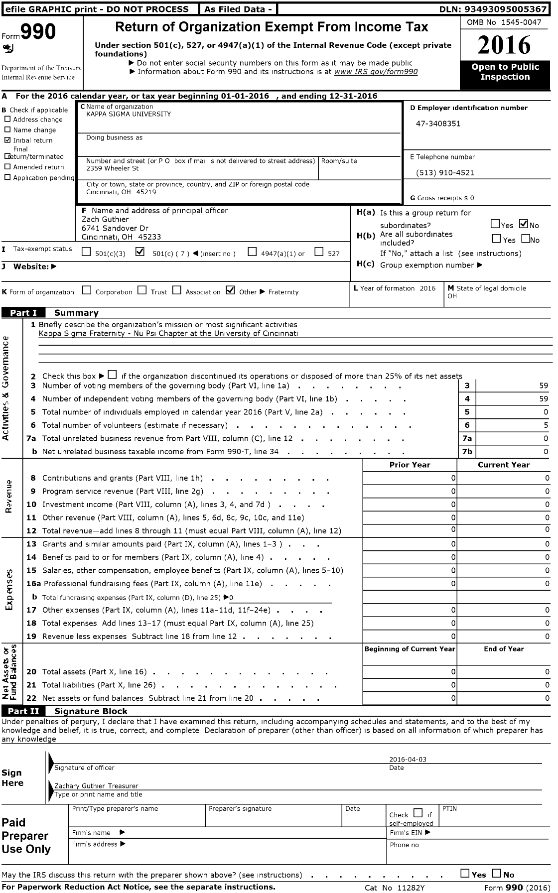 Image of first page of 2016 Form 990O for Kappa Sigma Fraternity - Nu-Psi Chapter