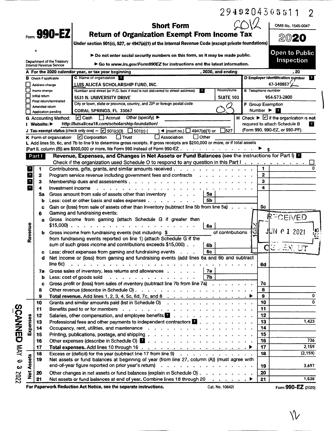 Image of first page of 2020 Form 990EZ for Luis Alicea Scholarship Fund