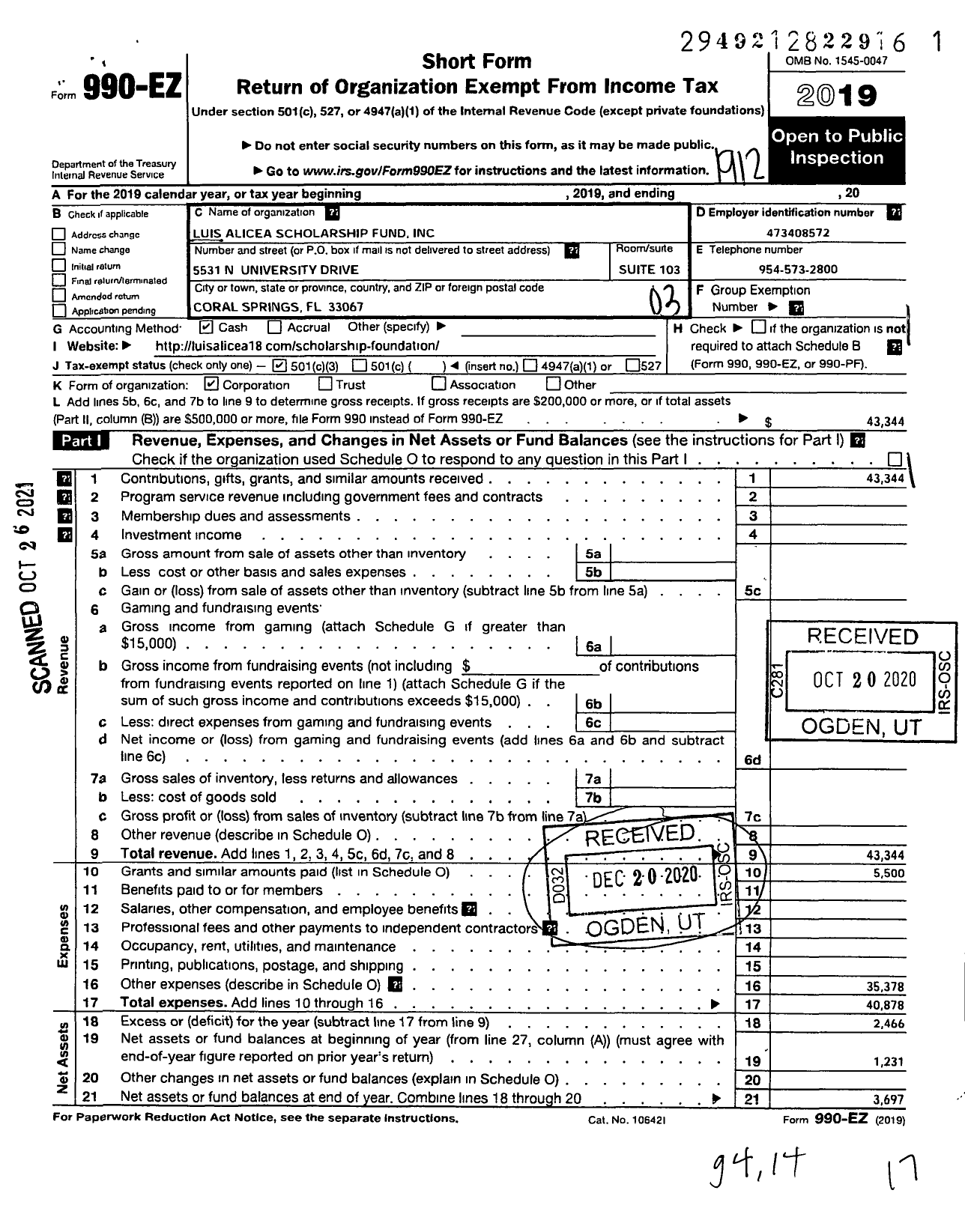 Image of first page of 2019 Form 990EZ for Luis Alicea Scholarship Fund