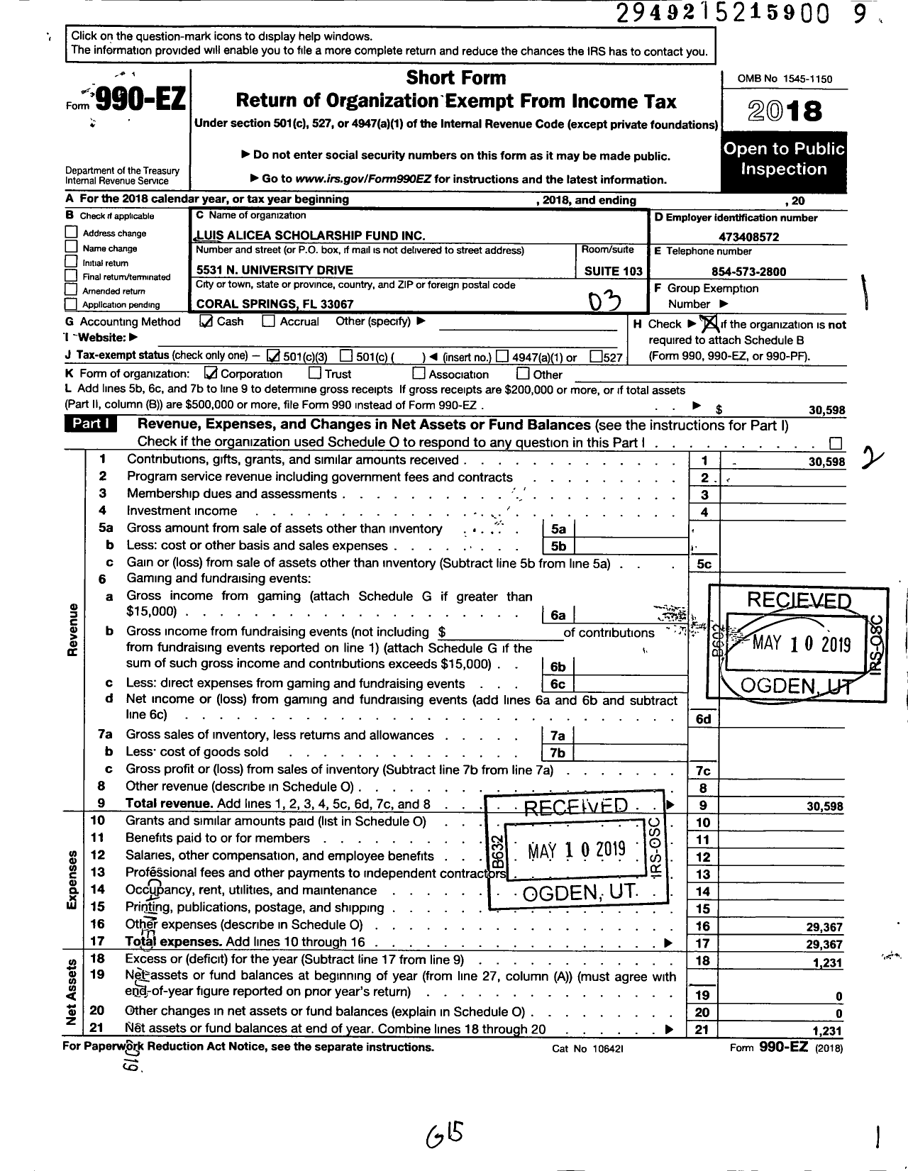 Image of first page of 2018 Form 990EZ for Luis Alicea Scholarship Fund