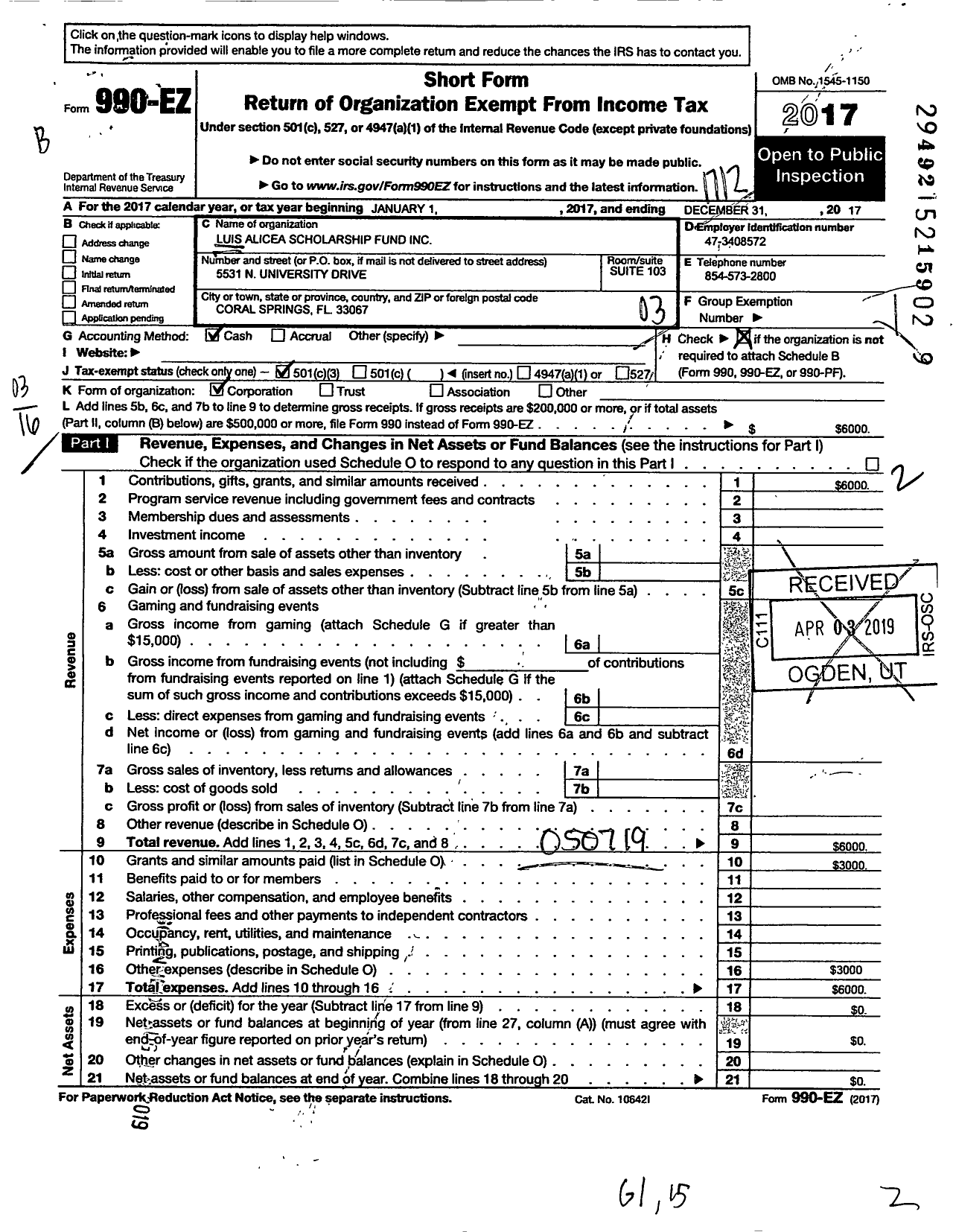 Image of first page of 2017 Form 990EZ for Luis Alicea Scholarship Fund