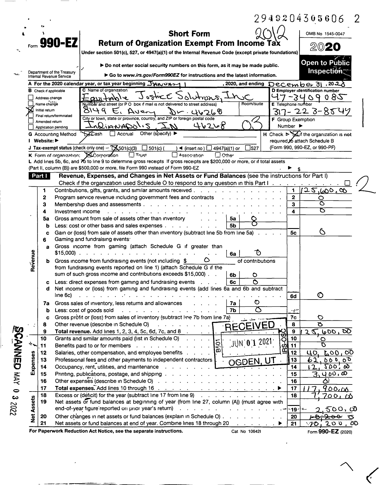 Image of first page of 2020 Form 990EZ for Equitable Jostice Solutions