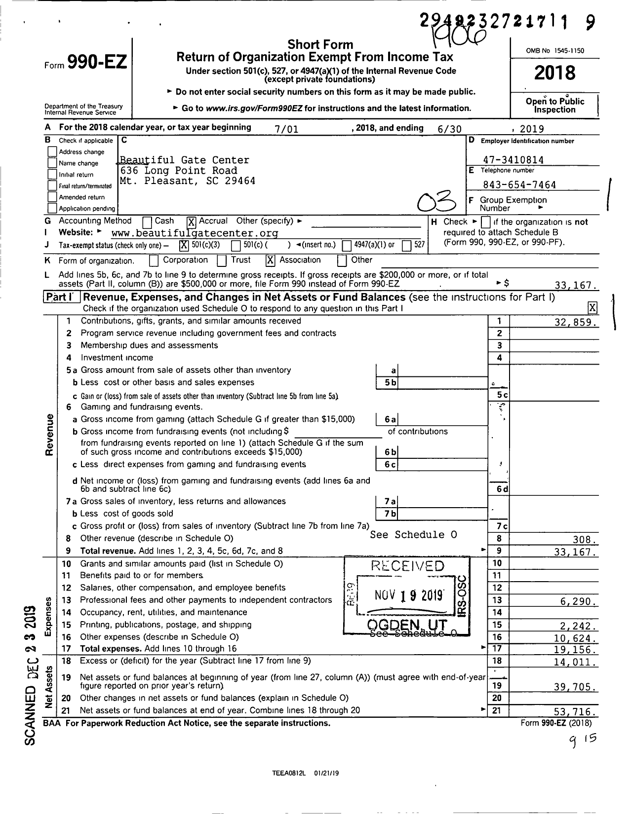 Image of first page of 2018 Form 990EZ for Beautiful Gate Center