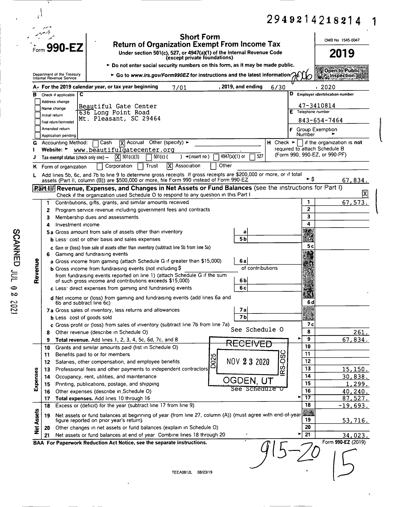 Image of first page of 2019 Form 990EZ for Beautiful Gate Center