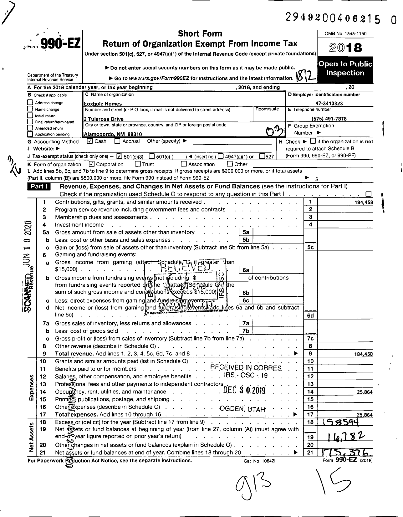 Image of first page of 2018 Form 990EZ for Foxhole Homes