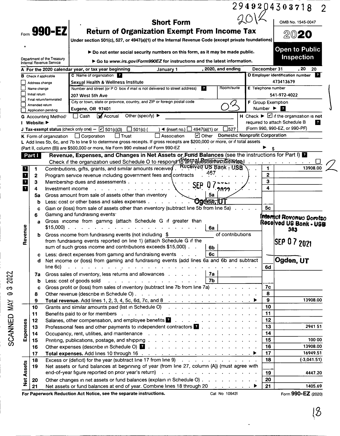 Image of first page of 2020 Form 990EZ for Sexual Health and Wellness Institute